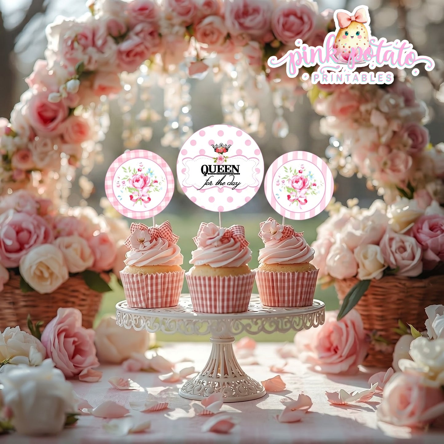Queen for the Day-Cupcake Wraps & Toppers-Plain and Theme-Party Printable-Birthday-Mothers Day-Mom-Pink-Bridal Shower-Shabby Chic Parties