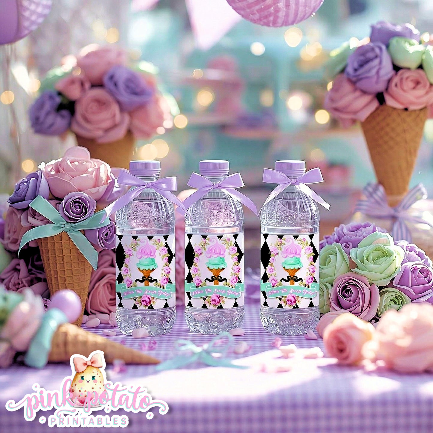 Here's The Scoop, Baby-Water Bottle Labels-Ice Cream Baby Shower-Water Bottle Wrappers-Waterbottle Stickers-Digital-INSTANT DOWNLOAD