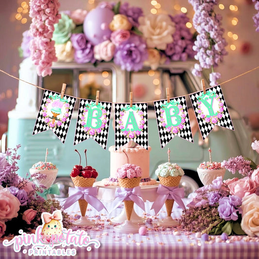 Here's The Scoop, Baby-Banner Pieces-Create Your Own in Corjl-Prefilled Included-Shower Banner-Ice Cream Baby Shower-Party-INSTANT DOWNLOAD