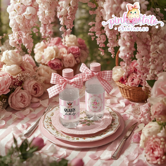 Queen for the Day-Water Bottle Labels & Cap Ribbons-Plain and Theme-Party Printable-Birthday-Mothers Day-Shabby Chic Parties-Decorations