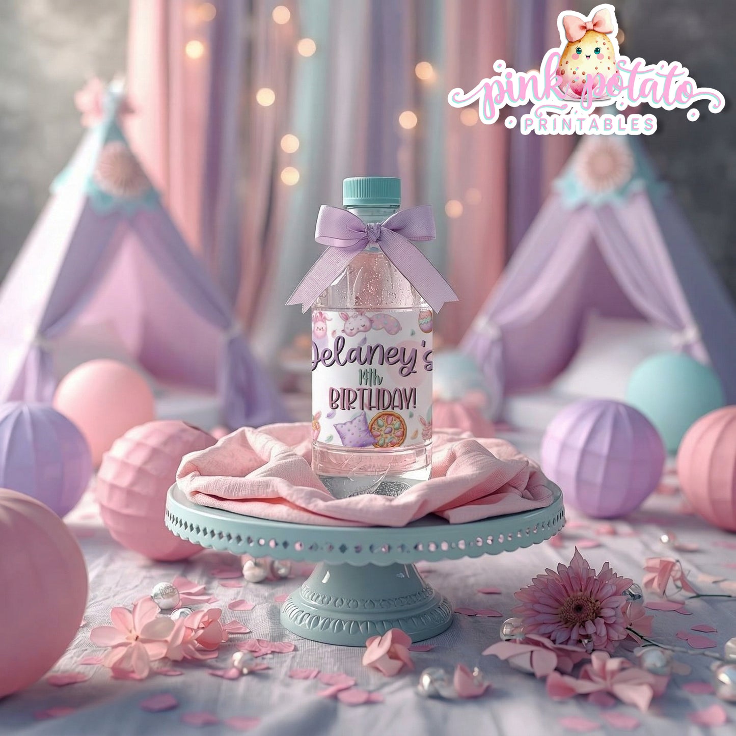 Easter Sleepover-Water Bottle Labels-Edit in Corjl ONLY-Easter Slumber Party-Water Bottle Wrapper-Easter Birthday-Easter Party-Happy Birthday-Birthday Sleepover-Birthday Slumber Party-INSTANT DOWNLOAD
