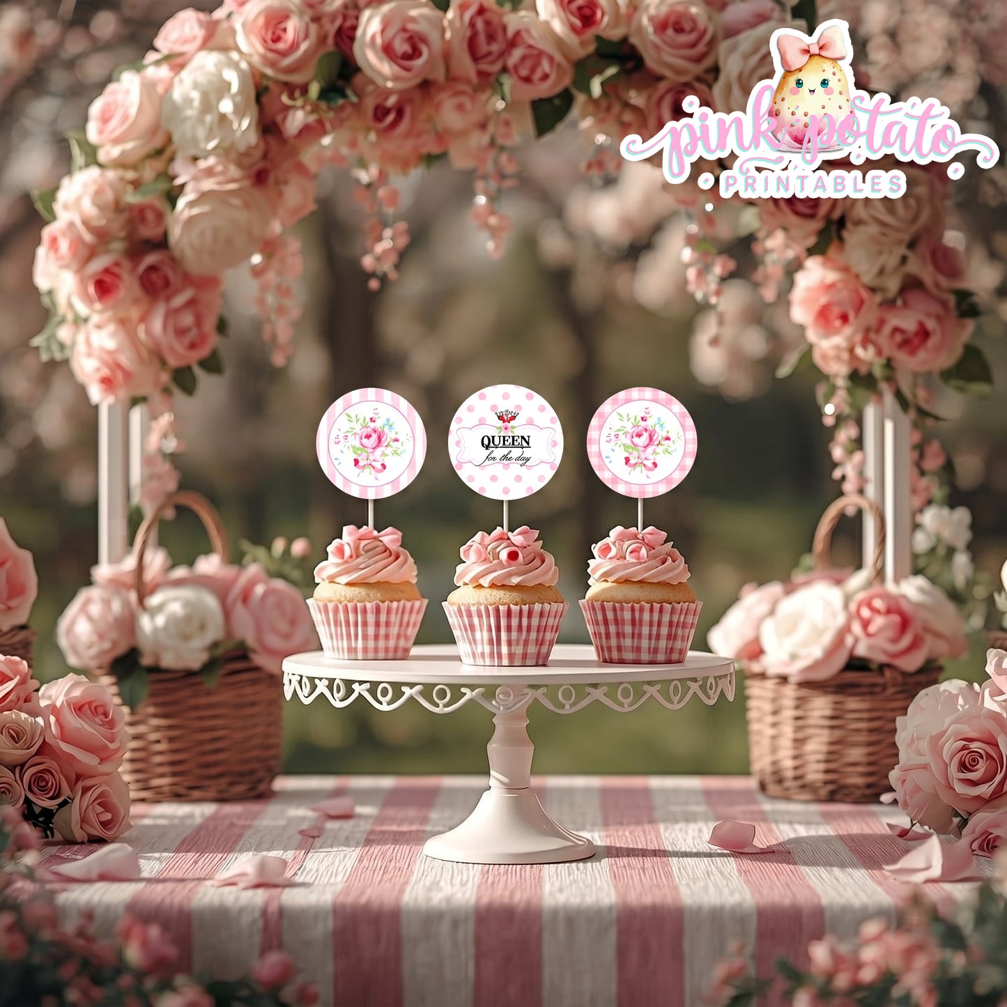 Queen for the Day-Cupcake Wraps & Toppers-Plain and Theme-Party Printable-Birthday-Mothers Day-Mom-Pink-Bridal Shower-Shabby Chic Parties