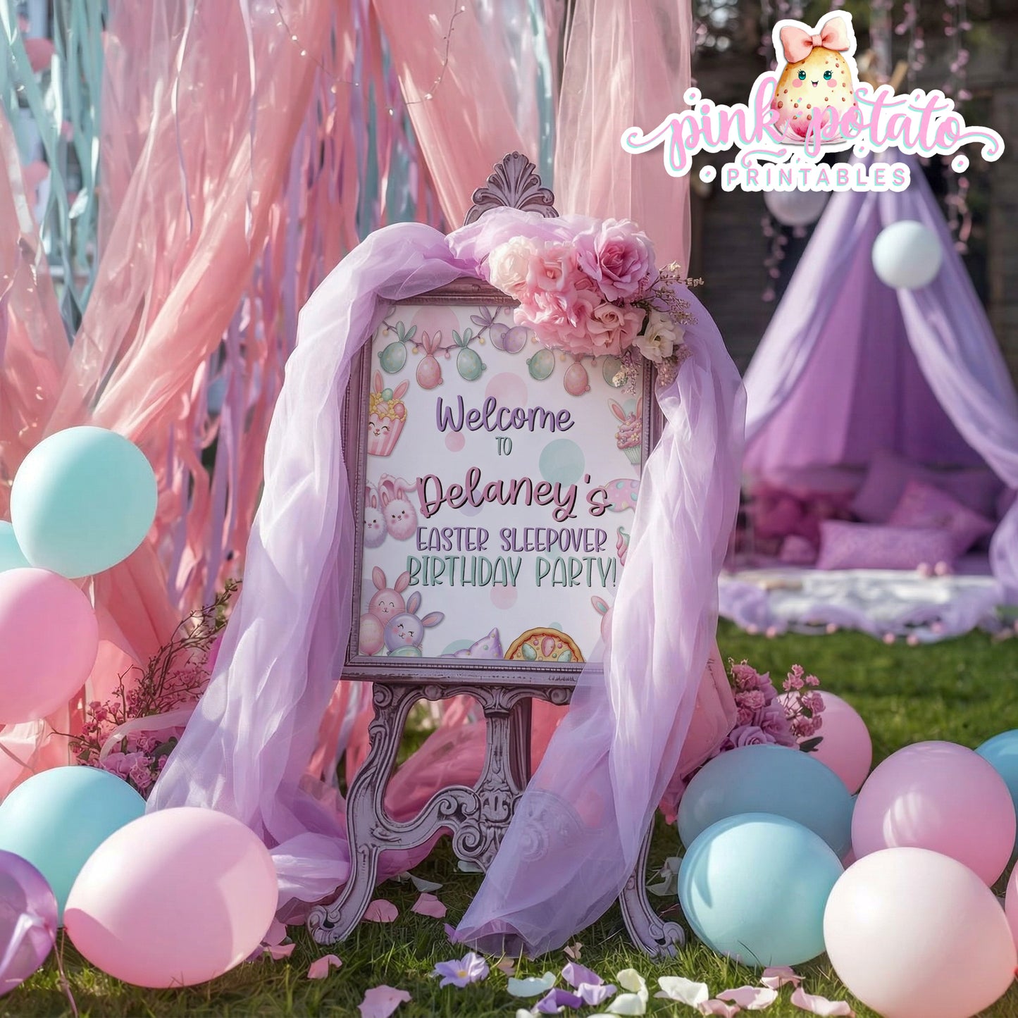 Easter Sleepover-16x20 & 8x10 Welcome Sign-Edit Name in Corjl ONLY-Easter Slumber Party-Welcome to Party Poster-Easter Birthday-Easter Party-Happy Birthday-Birthday Sleepover-Birthday Slumber Party-INSTANT DOWNLOAD