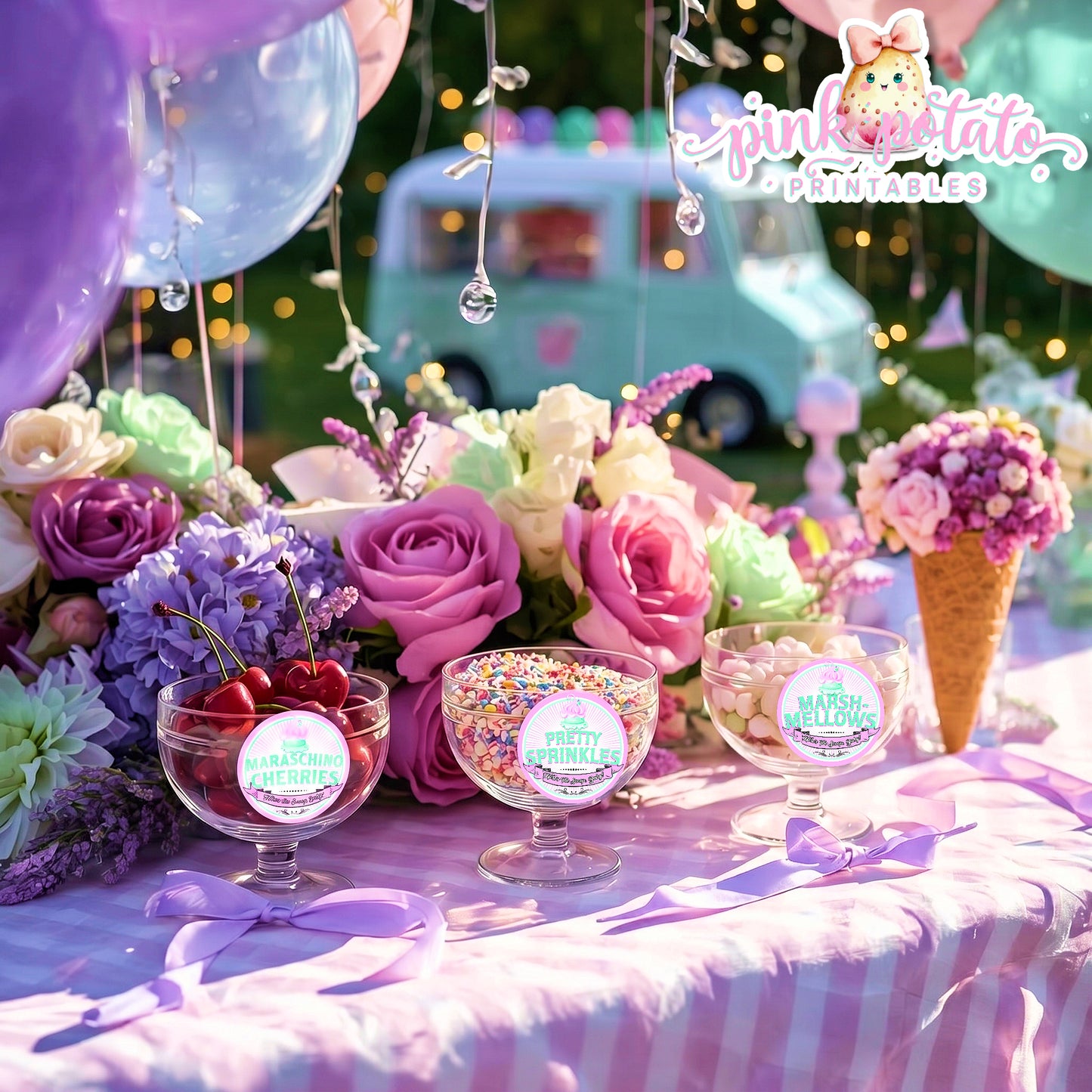 Here's The Scoop, Baby-3" Round Buffet Cards-Customize in Corjl-Ice Cream Baby Shower-Ice Cream Topping Cards-Edit-Digital-INSTANT DOWNLOAD