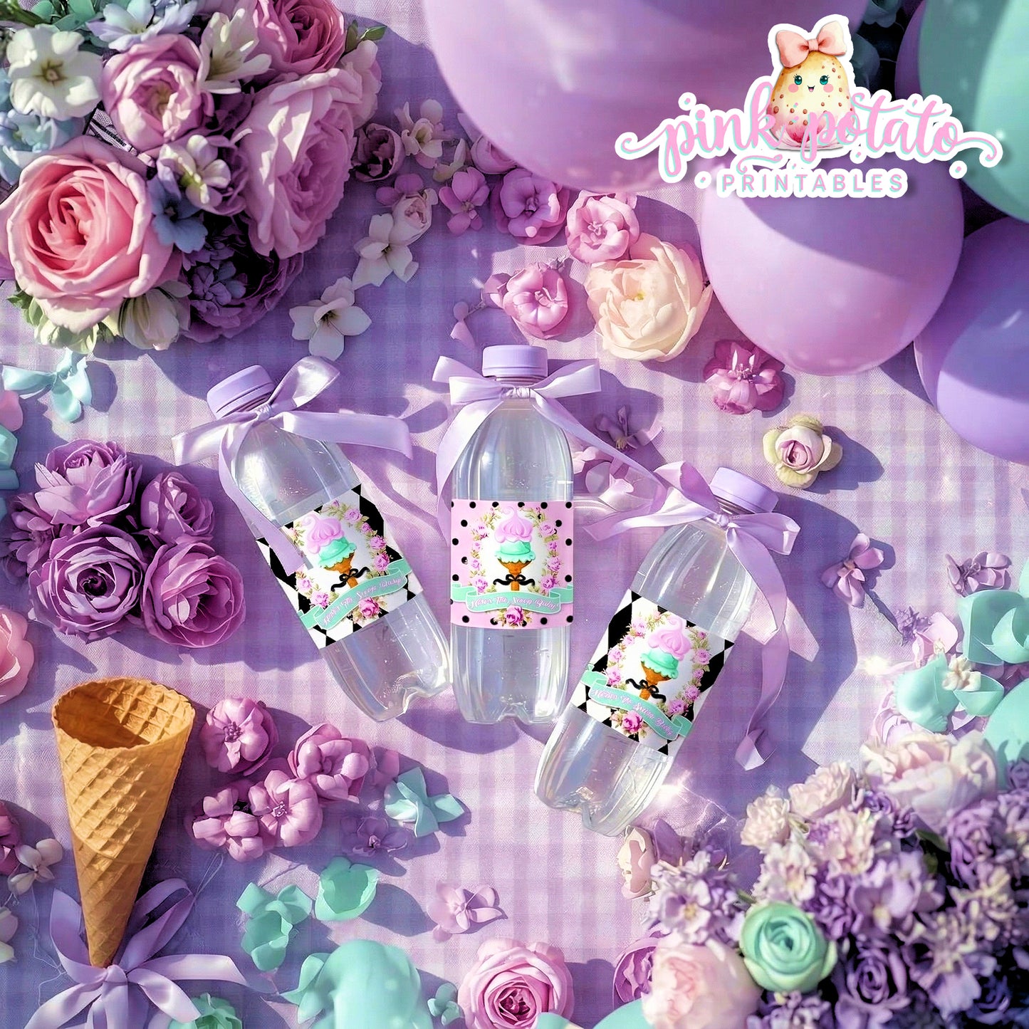 Here's The Scoop, Baby-Water Bottle Labels-Ice Cream Baby Shower-Water Bottle Wrappers-Waterbottle Stickers-Digital-INSTANT DOWNLOAD