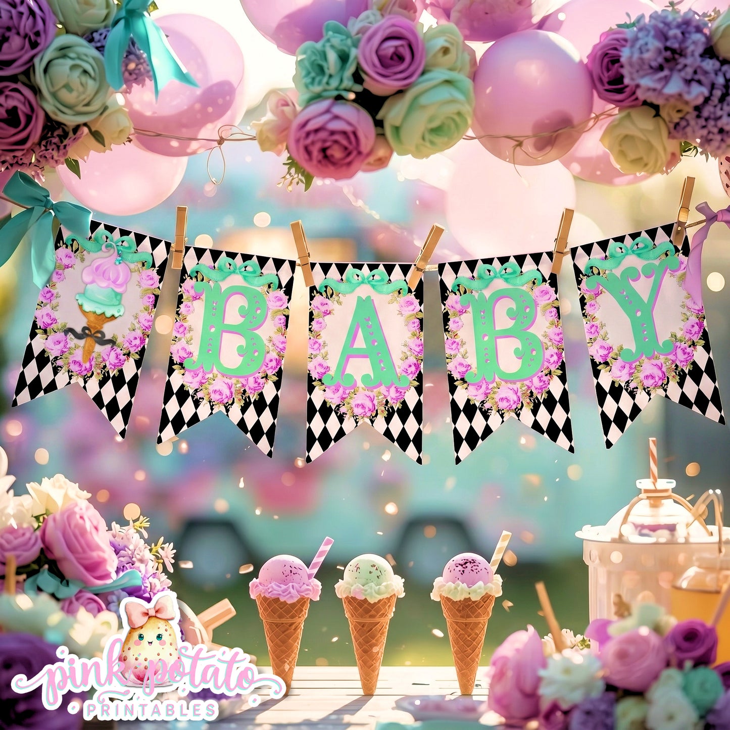 Here's The Scoop, Baby-Banner Pieces-Create Your Own in Corjl-Prefilled Included-Shower Banner-Ice Cream Baby Shower-Party-INSTANT DOWNLOAD