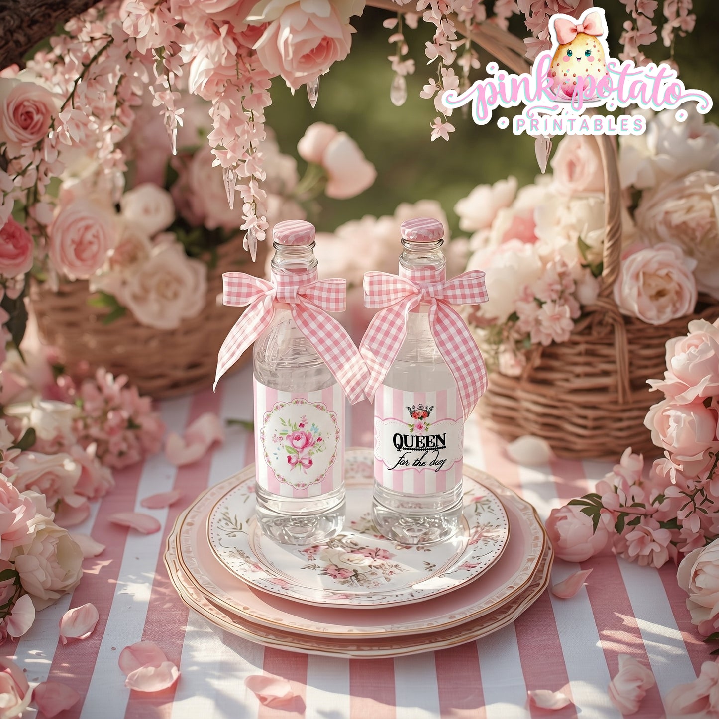 Queen for the Day-Water Bottle Labels & Cap Ribbons-Plain and Theme-Party Printable-Birthday-Mothers Day-Shabby Chic Parties-Decorations