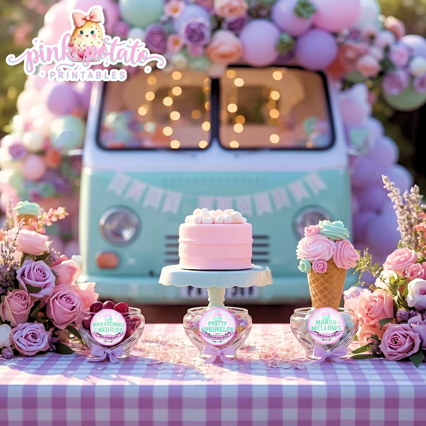 Here's The Scoop, Baby-3" Round Buffet Cards-Customize in Corjl-Ice Cream Baby Shower-Ice Cream Topping Cards-Edit-Digital-INSTANT DOWNLOAD