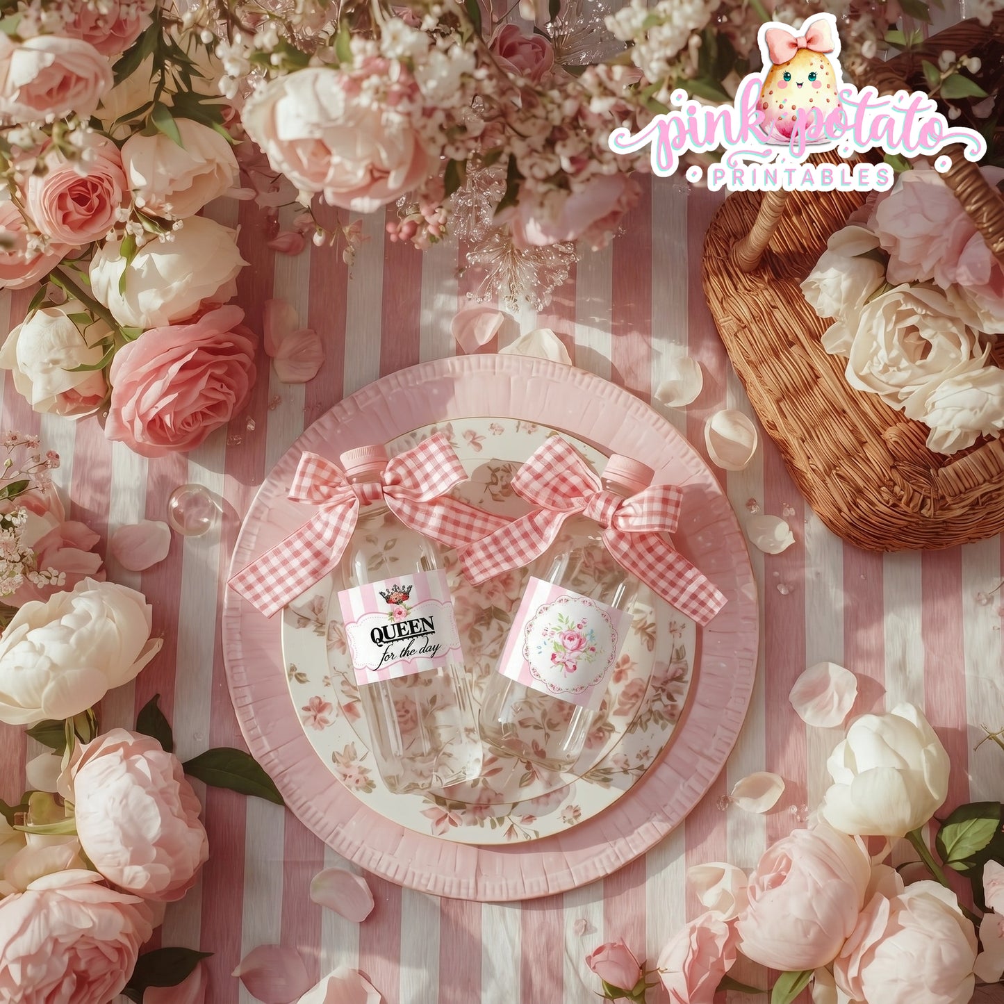 Queen for the Day-Water Bottle Labels & Cap Ribbons-Plain and Theme-Party Printable-Birthday-Mothers Day-Shabby Chic Parties-Decorations