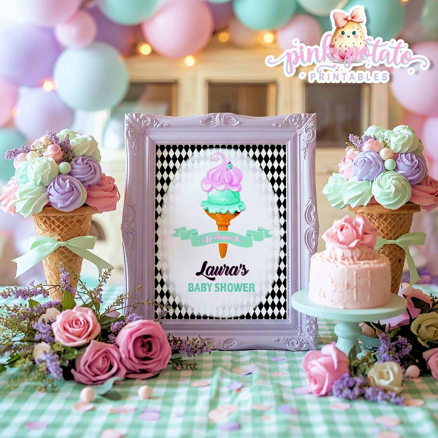 Here's The Scoop, Baby-Baby Shower Signs-Ice Cream Baby Shower-3 Signs Editable in Corjl-Customizable-Make your Own-Digital-INSTANT DOWNLOAD