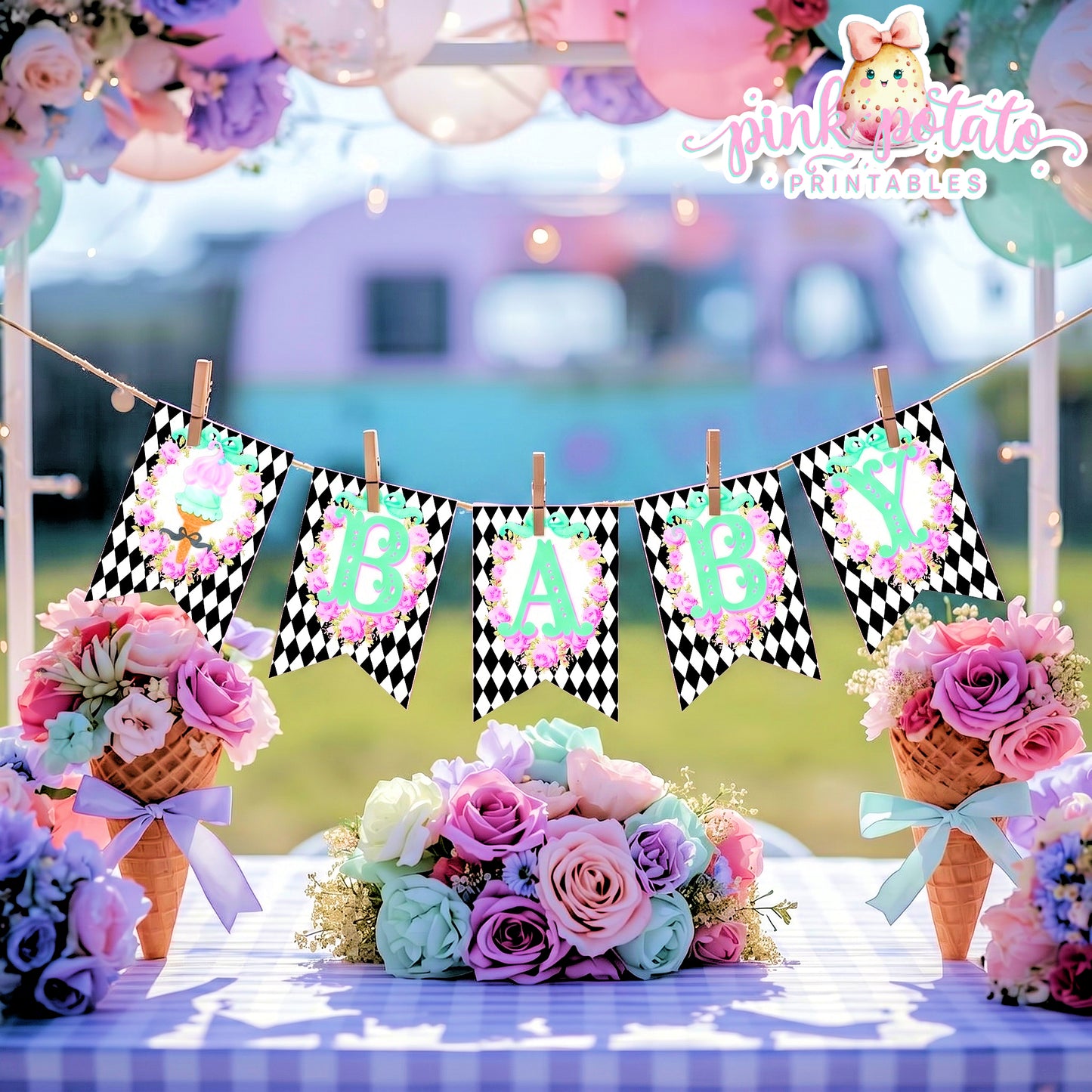 Here's The Scoop, Baby-Banner Pieces-Create Your Own in Corjl-Prefilled Included-Shower Banner-Ice Cream Baby Shower-Party-INSTANT DOWNLOAD