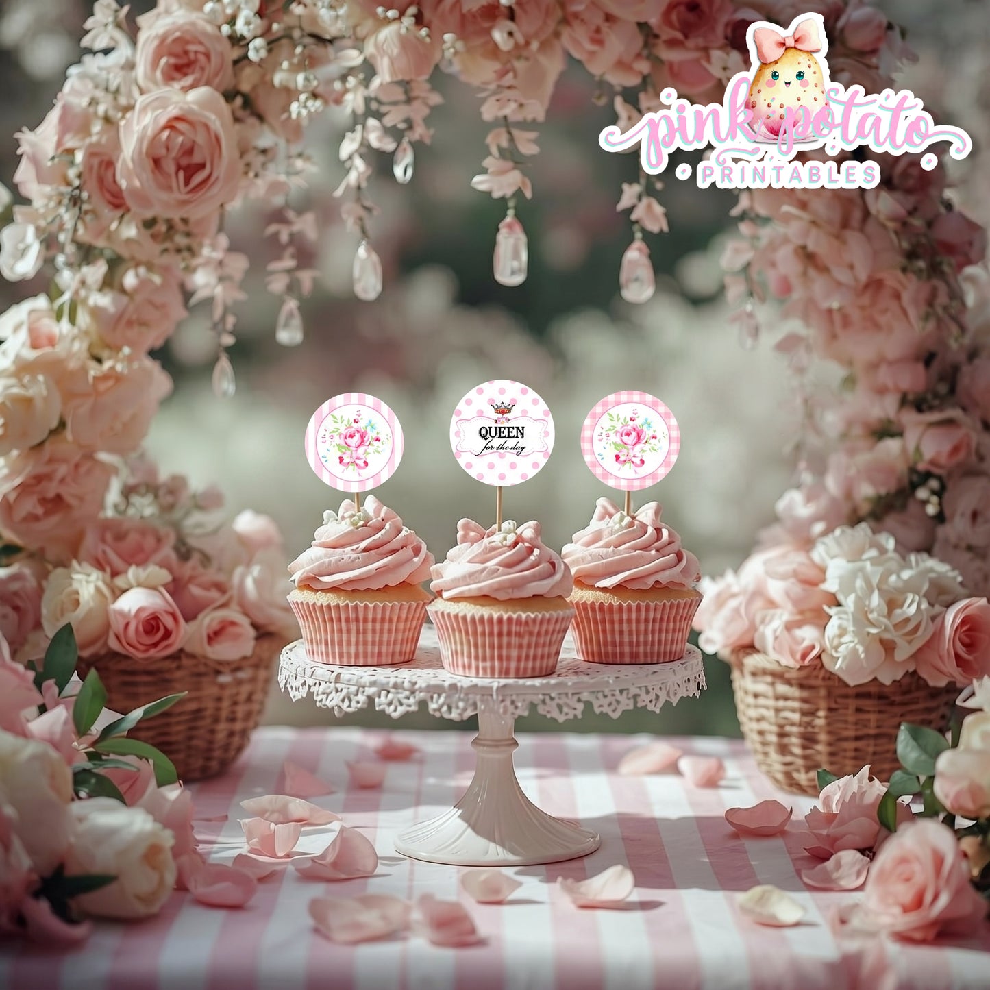 Queen for the Day-Cupcake Wraps & Toppers-Plain and Theme-Party Printable-Birthday-Mothers Day-Mom-Pink-Bridal Shower-Shabby Chic Parties