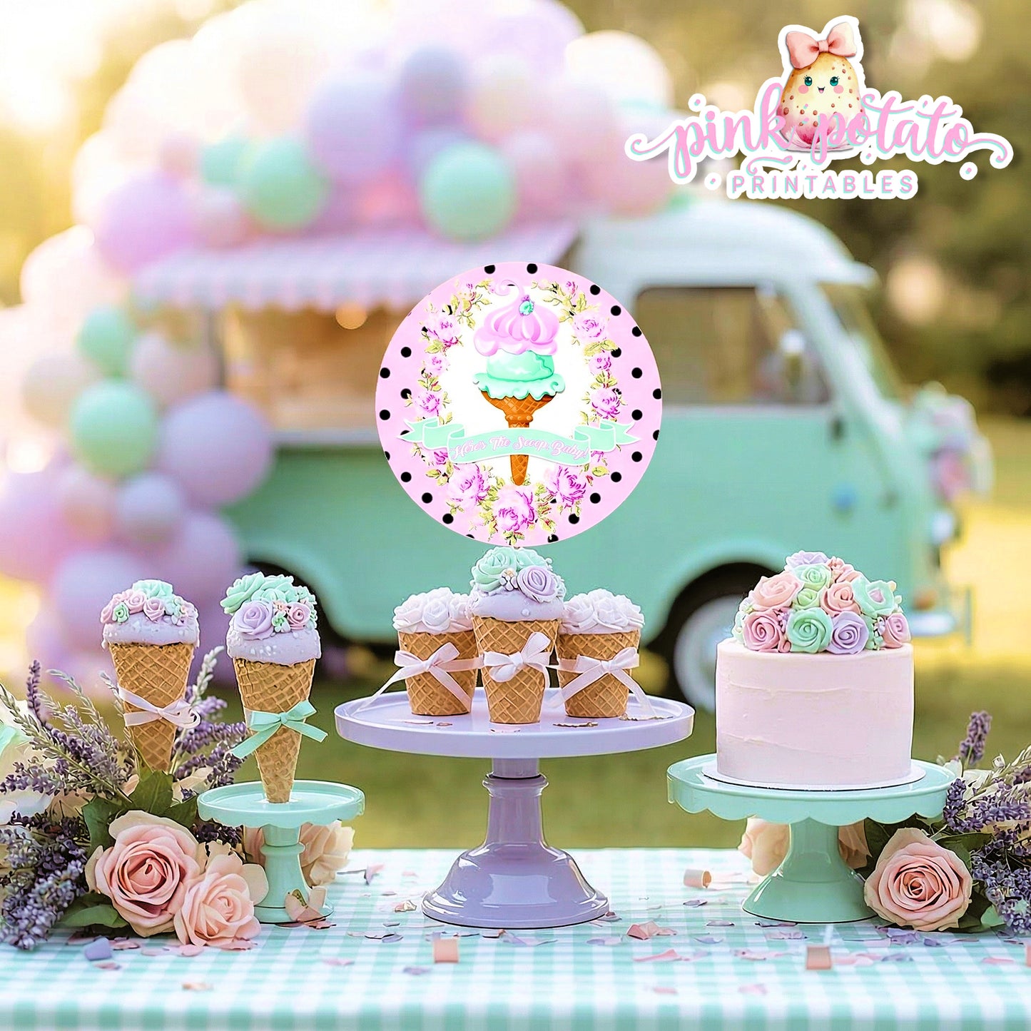 Here's The Scoop, Baby-Cupcake Toppers and Wrappers-Ice Cream Baby Shower-Labels-Ice Cream Cupcakes-Cupcake Rounds-Digital-INSTANT DOWNLOAD