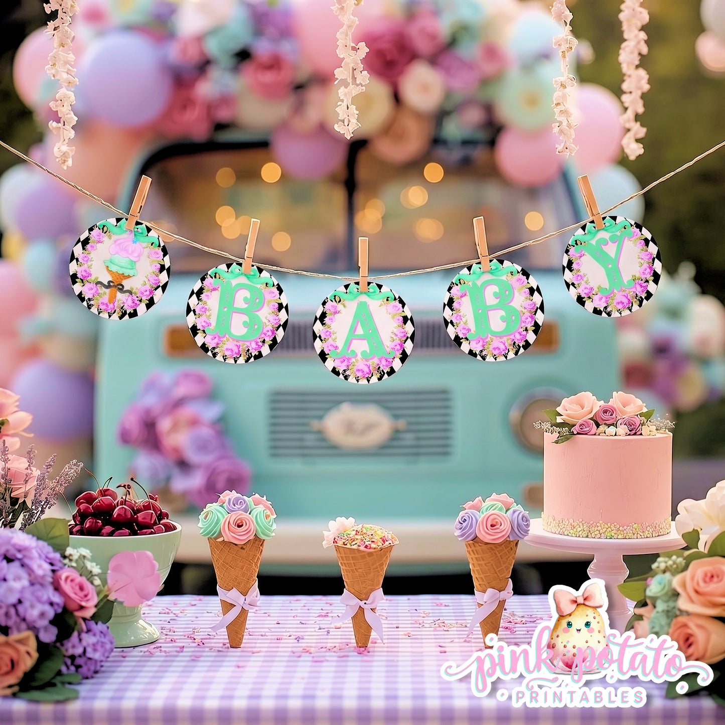 Here's The Scoop, Baby-Banner Pieces-Create Your Own in Corjl-Prefilled Included-Shower Banner-Ice Cream Baby Shower-Party-INSTANT DOWNLOAD
