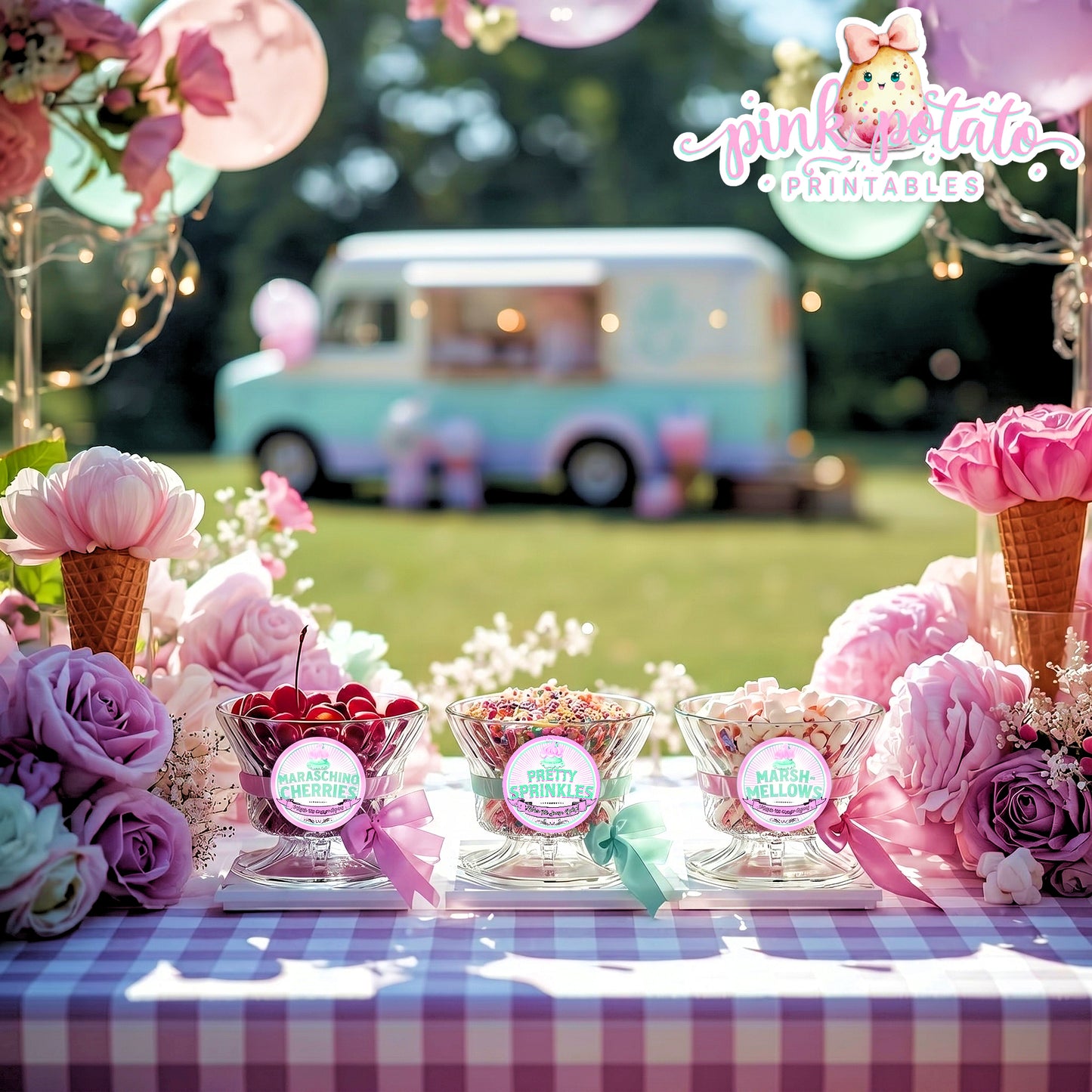 Here's The Scoop, Baby-3" Round Buffet Cards-Customize in Corjl-Ice Cream Baby Shower-Ice Cream Topping Cards-Edit-Digital-INSTANT DOWNLOAD