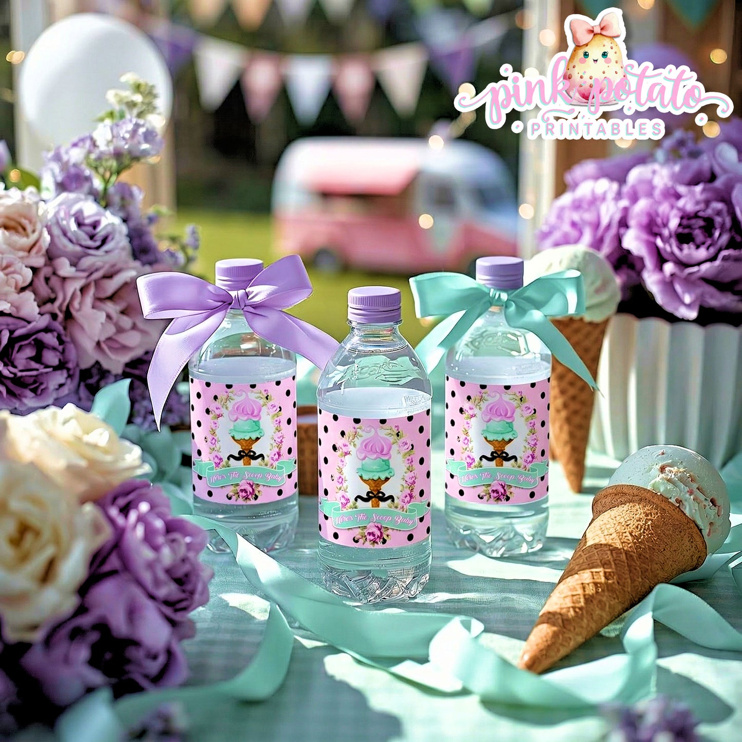 Here's The Scoop, Baby-Water Bottle Labels-Ice Cream Baby Shower-Water Bottle Wrappers-Waterbottle Stickers-Digital-INSTANT DOWNLOAD