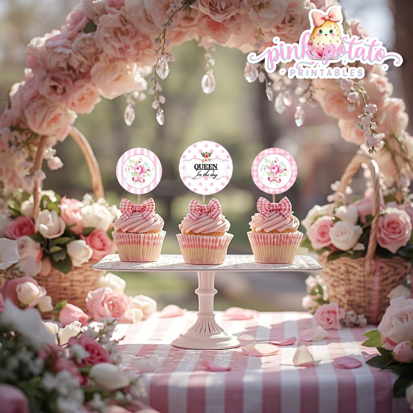 Queen for the Day-Cupcake Wraps & Toppers-Plain and Theme-Party Printable-Birthday-Mothers Day-Mom-Pink-Bridal Shower-Shabby Chic Parties
