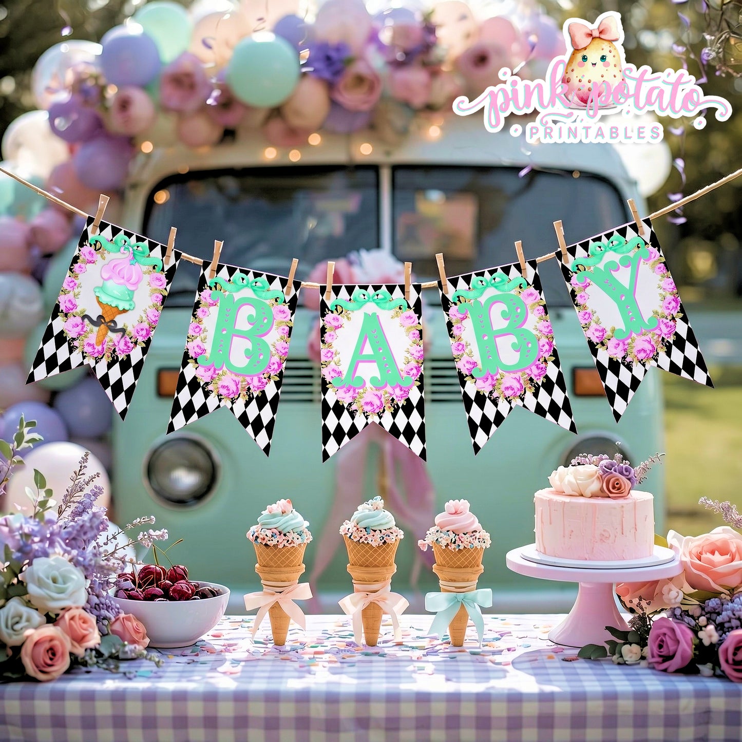 Here's The Scoop, Baby-Banner Pieces-Create Your Own in Corjl-Prefilled Included-Shower Banner-Ice Cream Baby Shower-Party-INSTANT DOWNLOAD