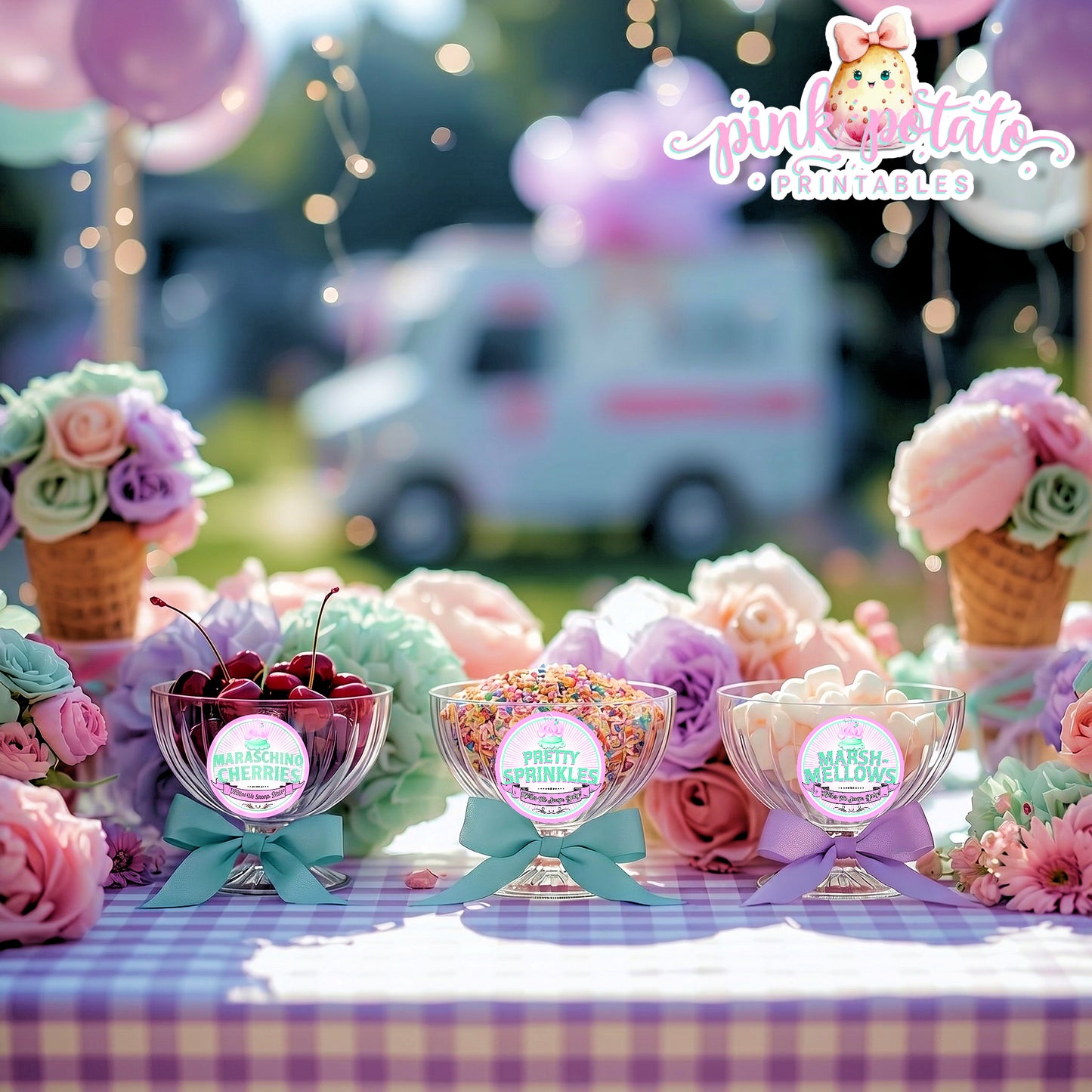 Here's The Scoop, Baby-3" Round Buffet Cards-Customize in Corjl-Ice Cream Baby Shower-Ice Cream Topping Cards-Edit-Digital-INSTANT DOWNLOAD