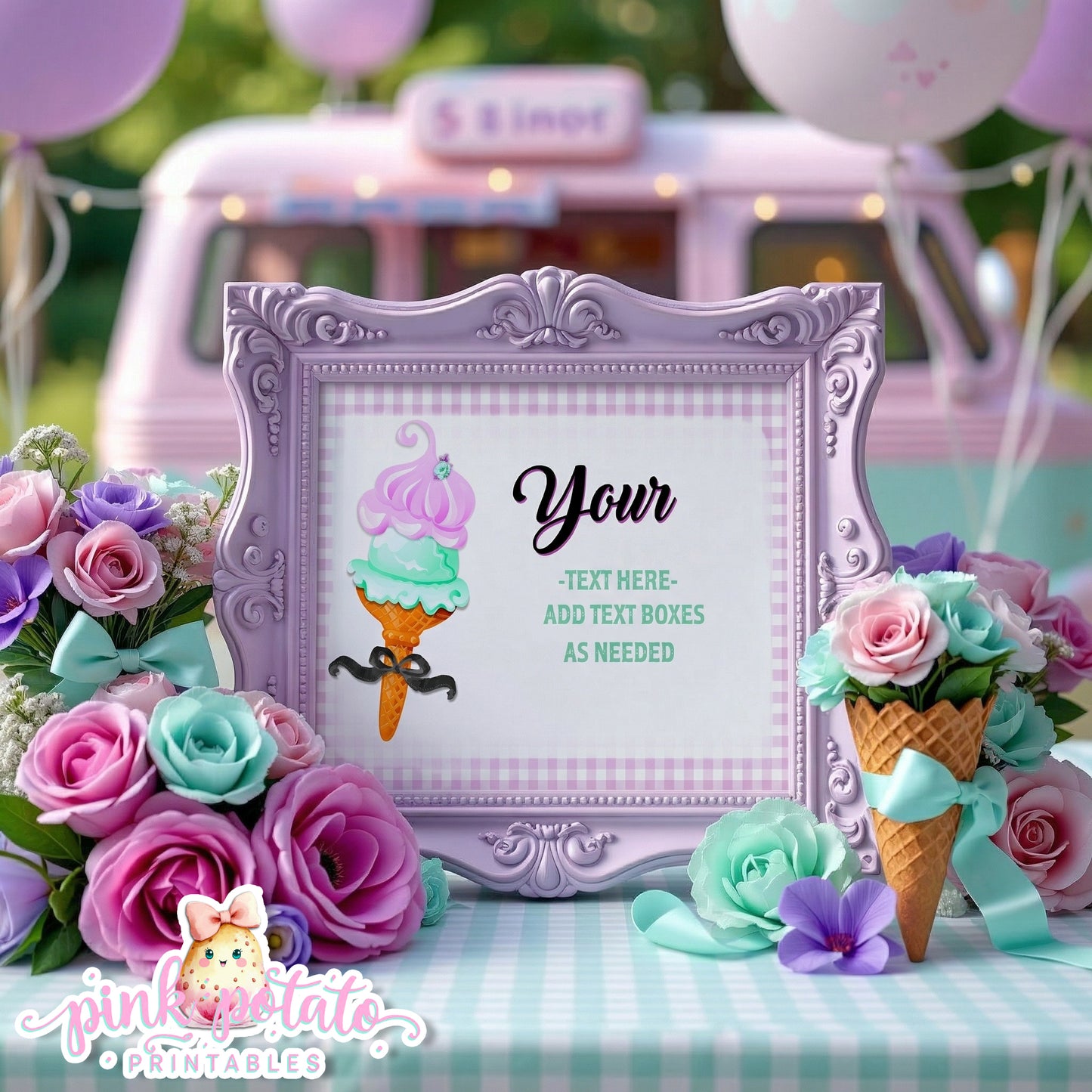 Here's The Scoop, Baby-Baby Shower Signs-Ice Cream Baby Shower-3 Signs Editable in Corjl-Customizable-Make your Own-Digital-INSTANT DOWNLOAD