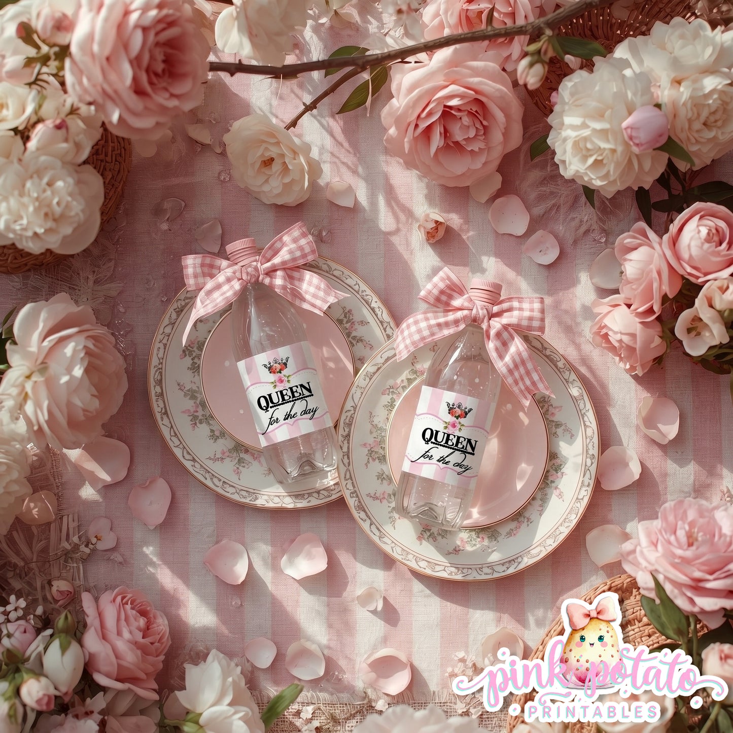 Queen for the Day-Water Bottle Labels & Cap Ribbons-Plain and Theme-Party Printable-Birthday-Mothers Day-Shabby Chic Parties-Decorations