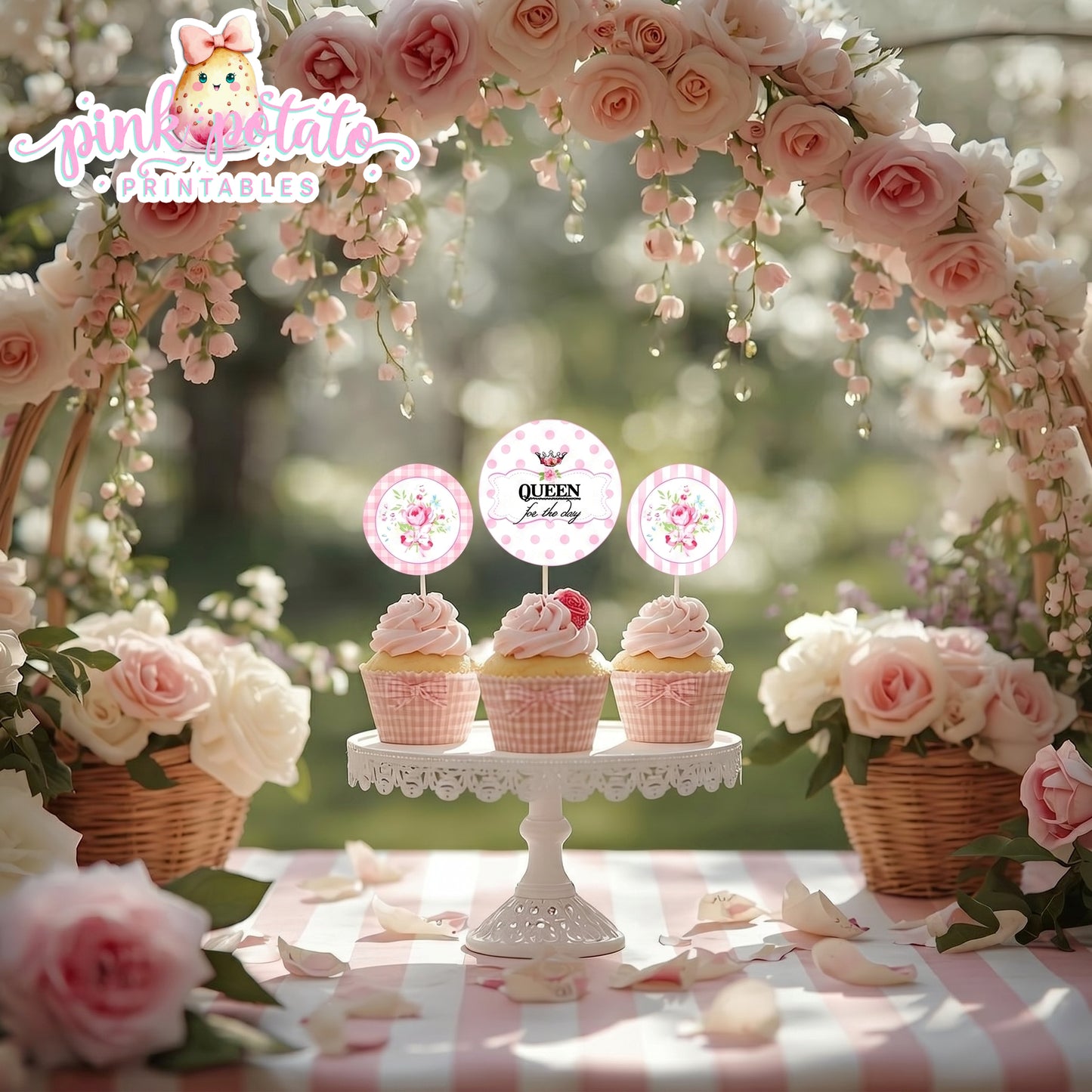 Queen for the Day-Cupcake Wraps & Toppers-Plain and Theme-Party Printable-Birthday-Mothers Day-Mom-Pink-Bridal Shower-Shabby Chic Parties
