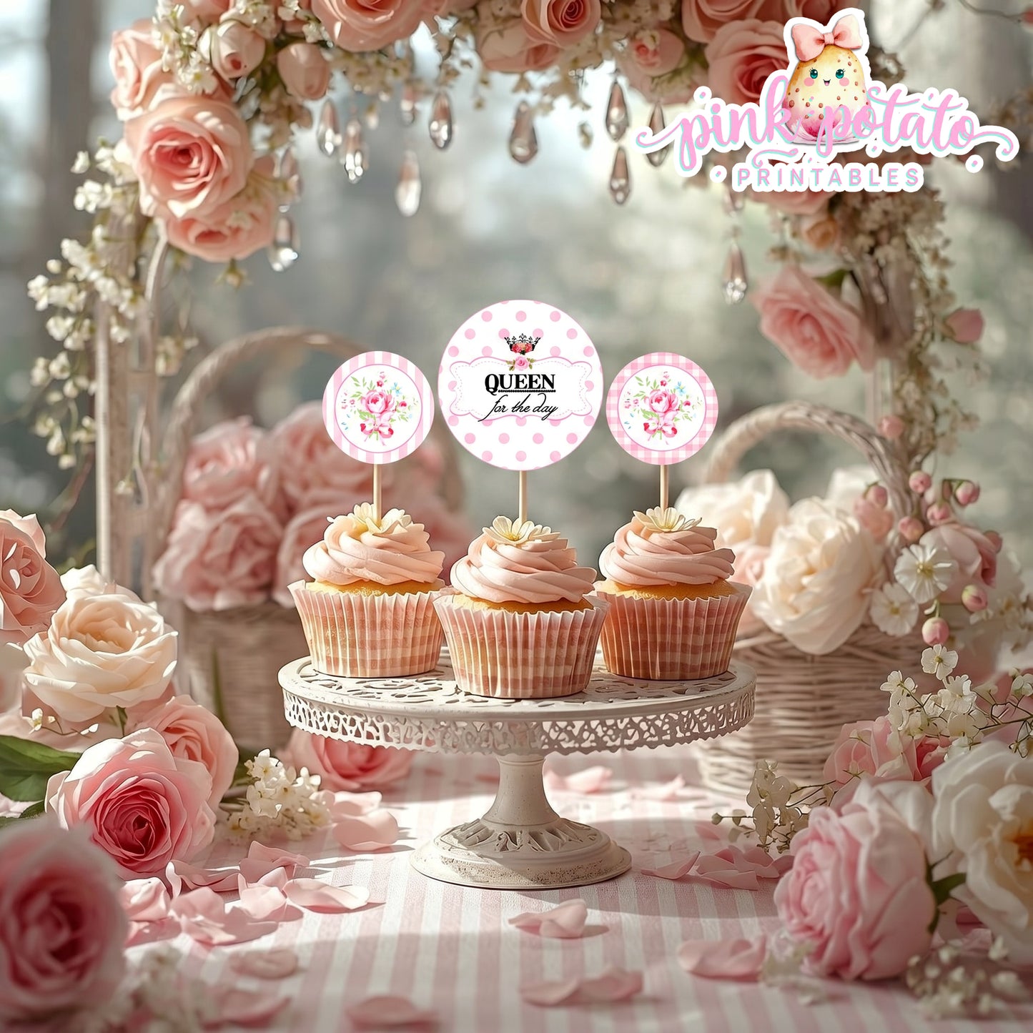 Queen for the Day-Cupcake Wraps & Toppers-Plain and Theme-Party Printable-Birthday-Mothers Day-Mom-Pink-Bridal Shower-Shabby Chic Parties