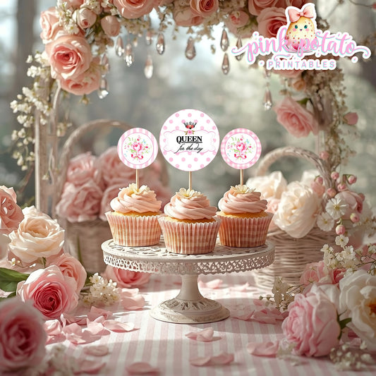 Queen for the Day-Cupcake Wraps & Toppers-Plain and Theme-Party Printable-Birthday-Mothers Day-Mom-Pink-Bridal Shower-Shabby Chic Parties