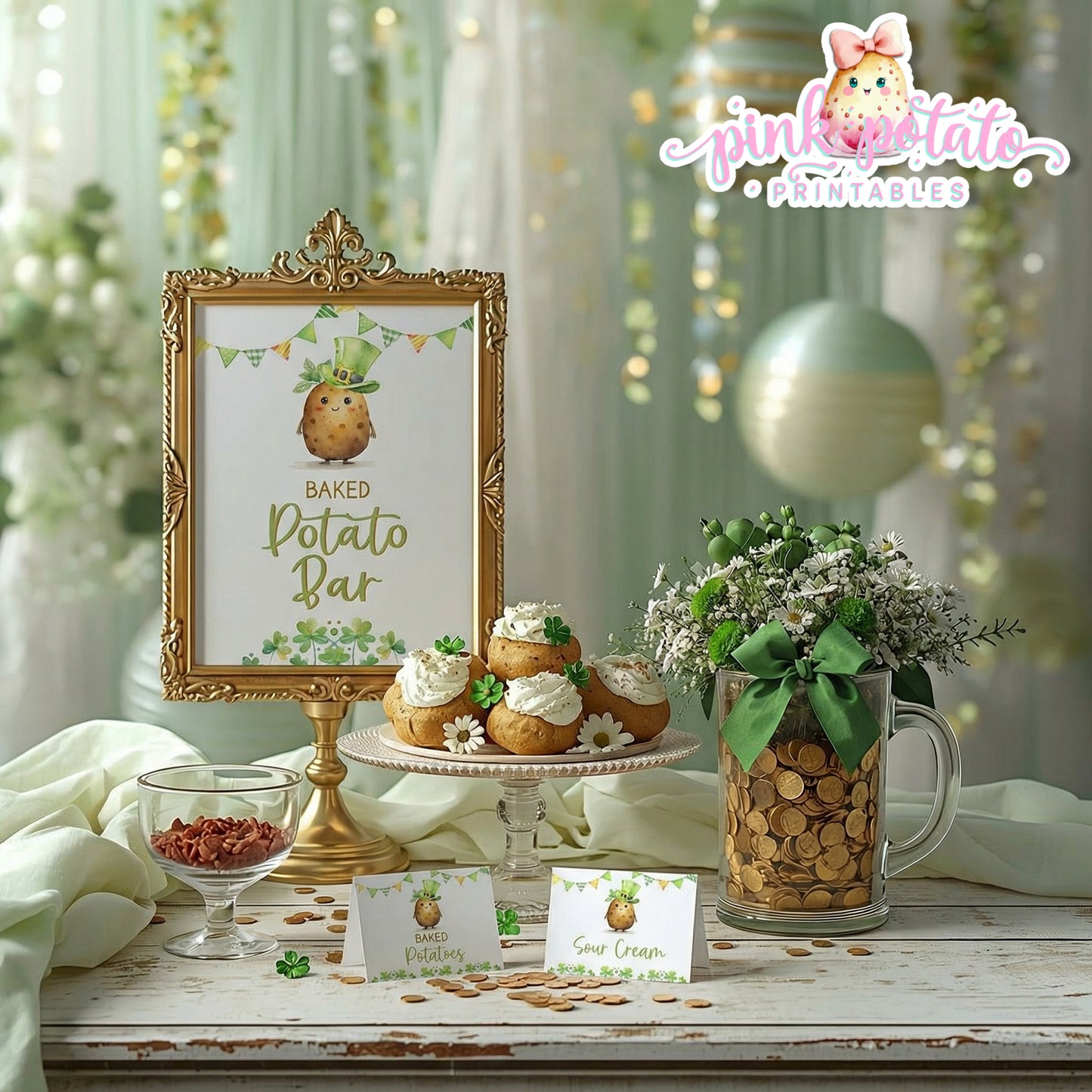 St. Paddy's Day-Baked Potato Bar Sign & Buffet Cards-Edit in Corjl Only-St. Patrick's Day Theme-Party Printable-Digital-INSTANT DOWNLOAD