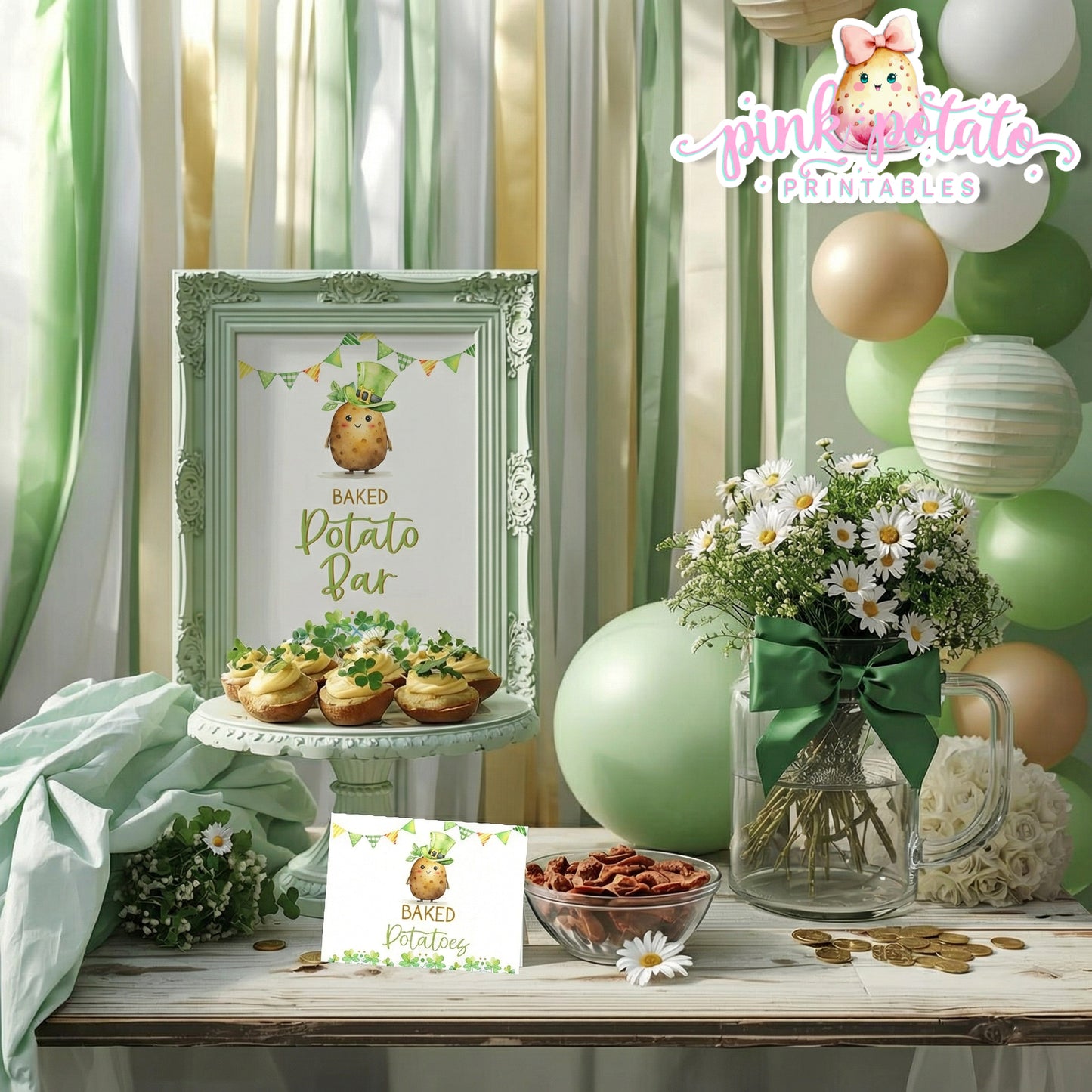 St. Paddy's Day-Baked Potato Bar Sign & Buffet Cards-Edit in Corjl Only-St. Patrick's Day Theme-Party Printable-Digital-INSTANT DOWNLOAD