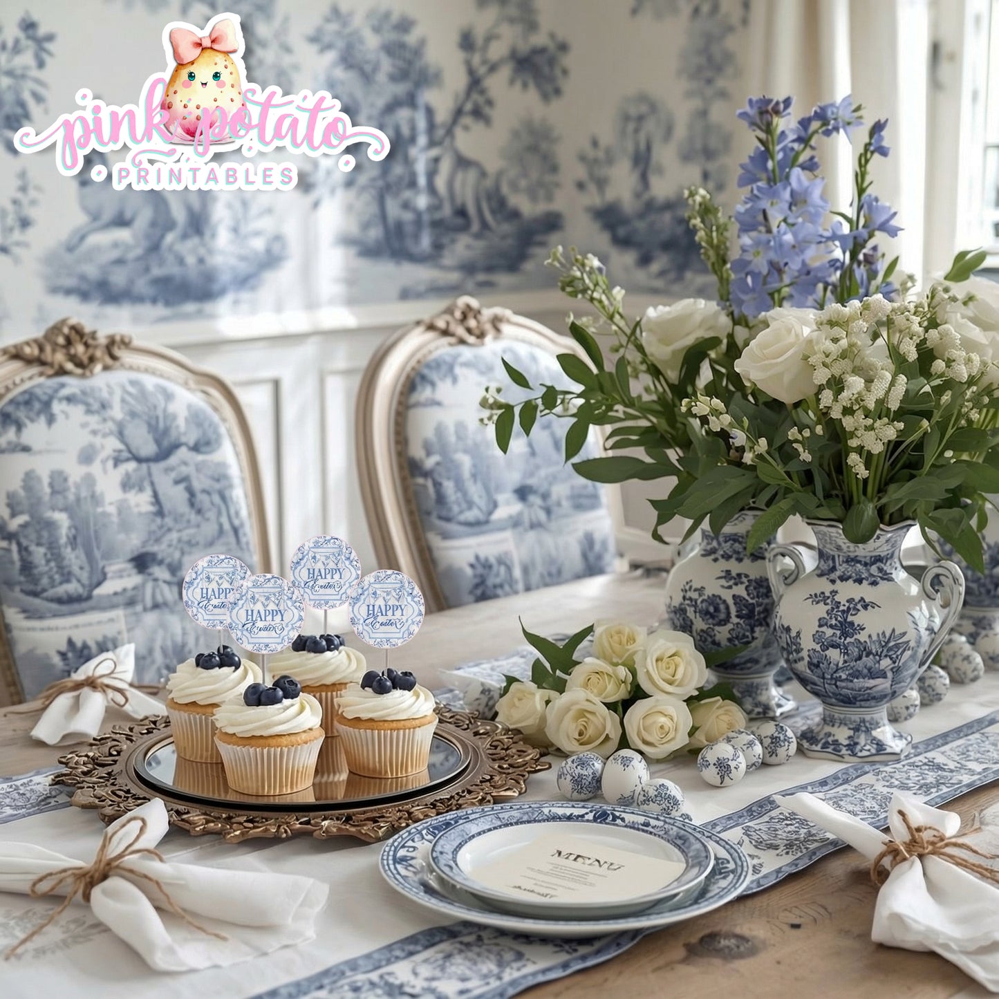 Toile Easter-Cupcake Topper-Round Logos-Use as stickers too-Fancy Easter-Posh Easter-Easter Sunday-Happy Easter-Chinoiserie Easter-Chinoisery-Blue Toile-INSTANT DOWNLOAD