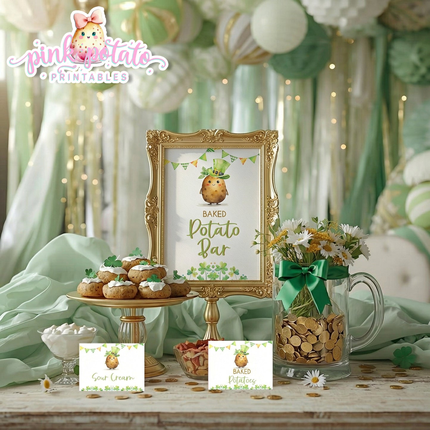 St. Paddy's Day-Baked Potato Bar Sign & Buffet Cards-Edit in Corjl Only-St. Patrick's Day Theme-Party Printable-Digital-INSTANT DOWNLOAD