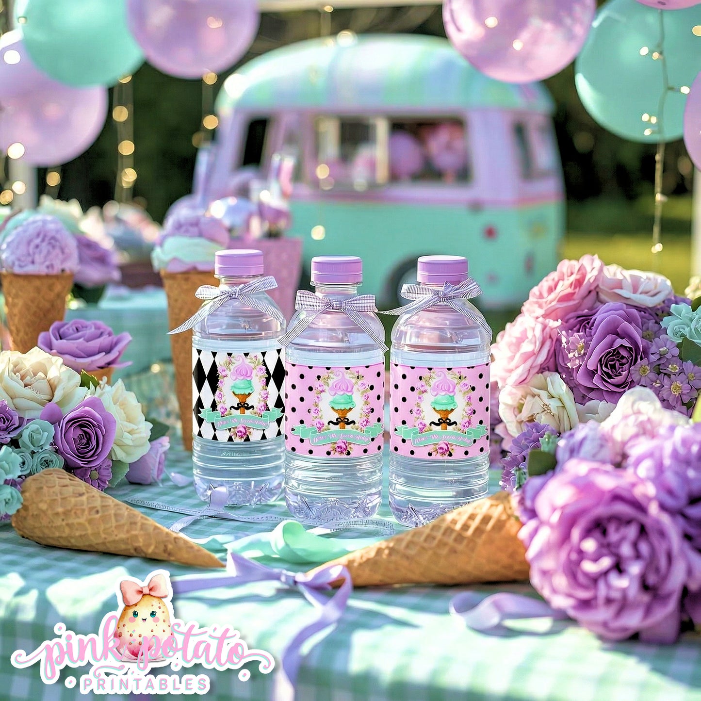 Here's The Scoop, Baby-Water Bottle Labels-Ice Cream Baby Shower-Water Bottle Wrappers-Waterbottle Stickers-Digital-INSTANT DOWNLOAD