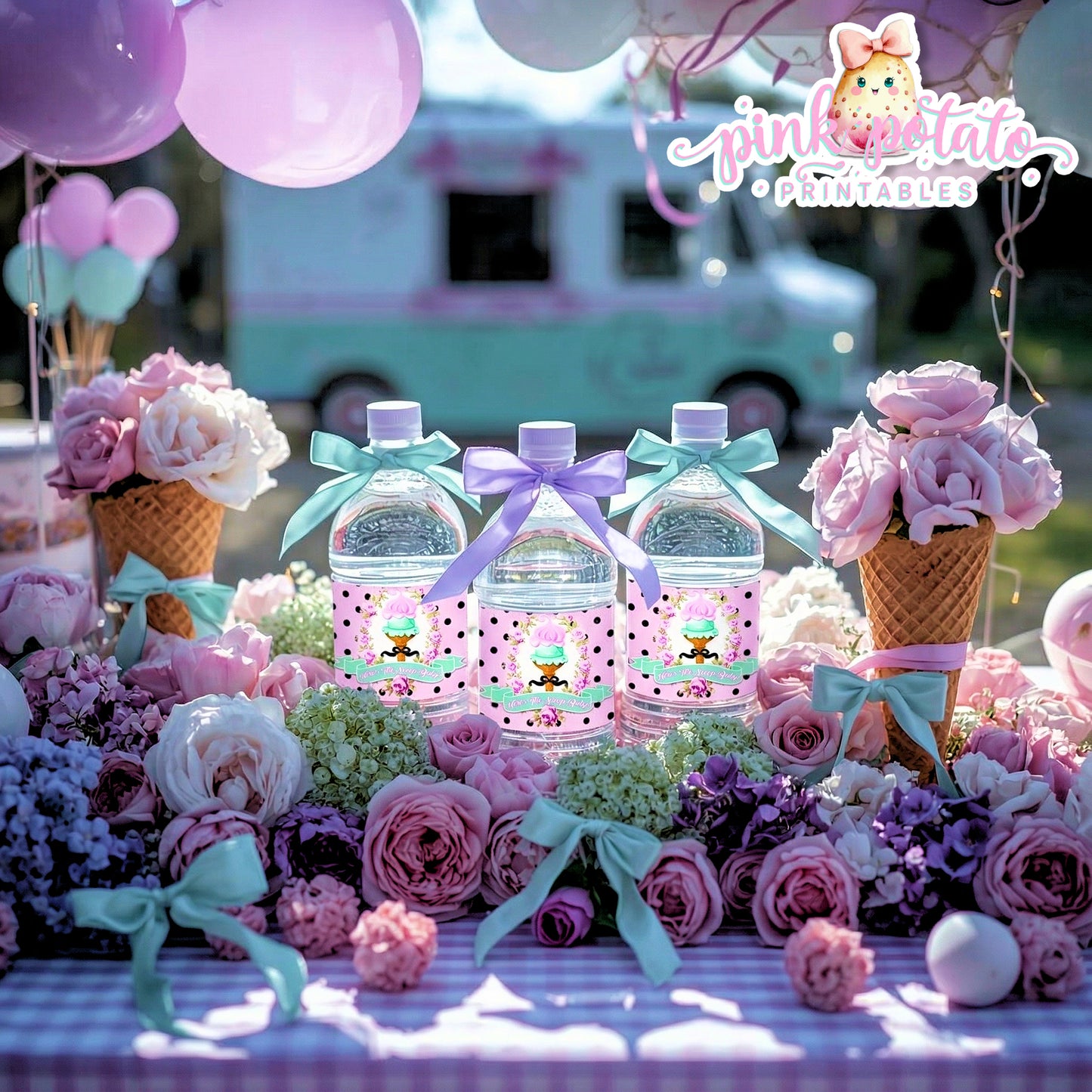 Here's The Scoop, Baby-Water Bottle Labels-Ice Cream Baby Shower-Water Bottle Wrappers-Waterbottle Stickers-Digital-INSTANT DOWNLOAD