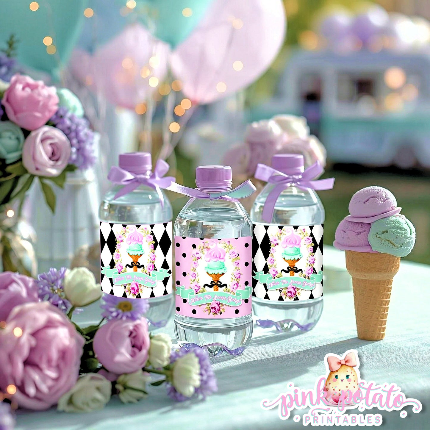 Here's The Scoop, Baby-Water Bottle Labels-Ice Cream Baby Shower-Water Bottle Wrappers-Waterbottle Stickers-Digital-INSTANT DOWNLOAD