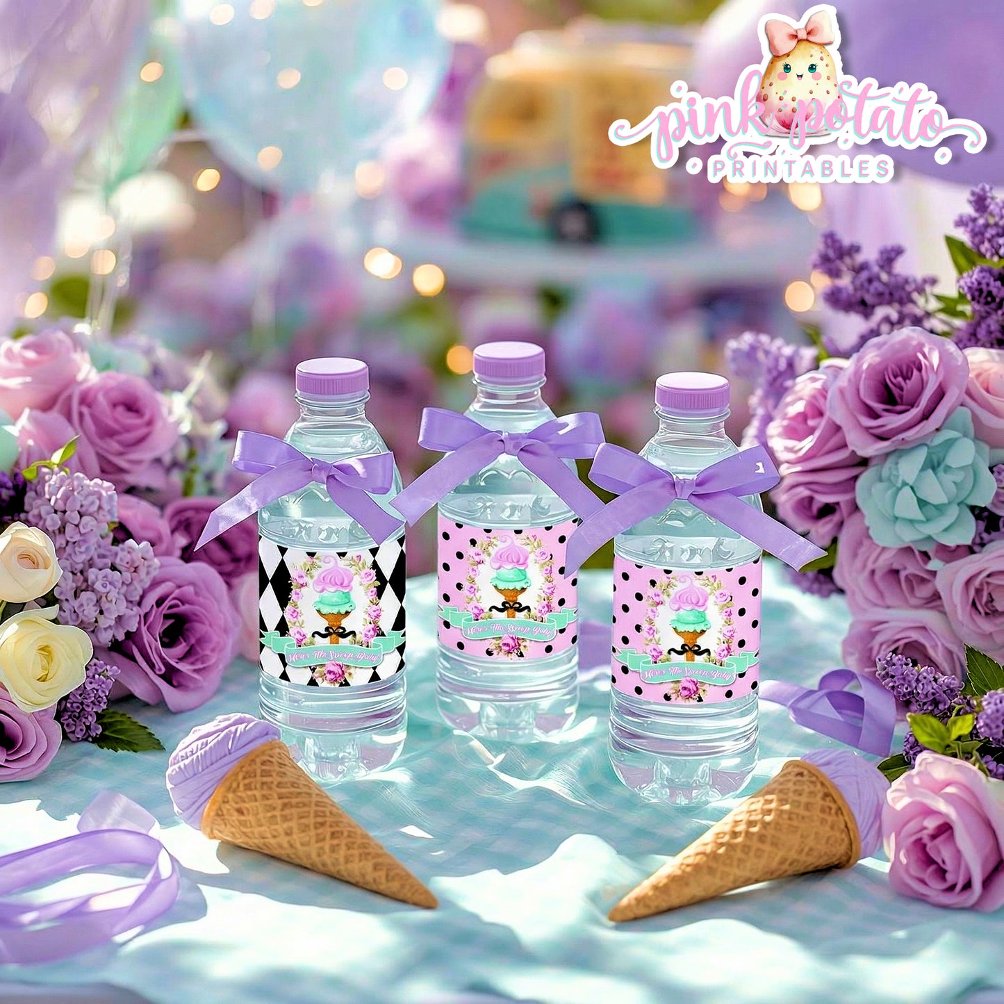 Here's The Scoop, Baby-Water Bottle Labels-Ice Cream Baby Shower-Water Bottle Wrappers-Waterbottle Stickers-Digital-INSTANT DOWNLOAD