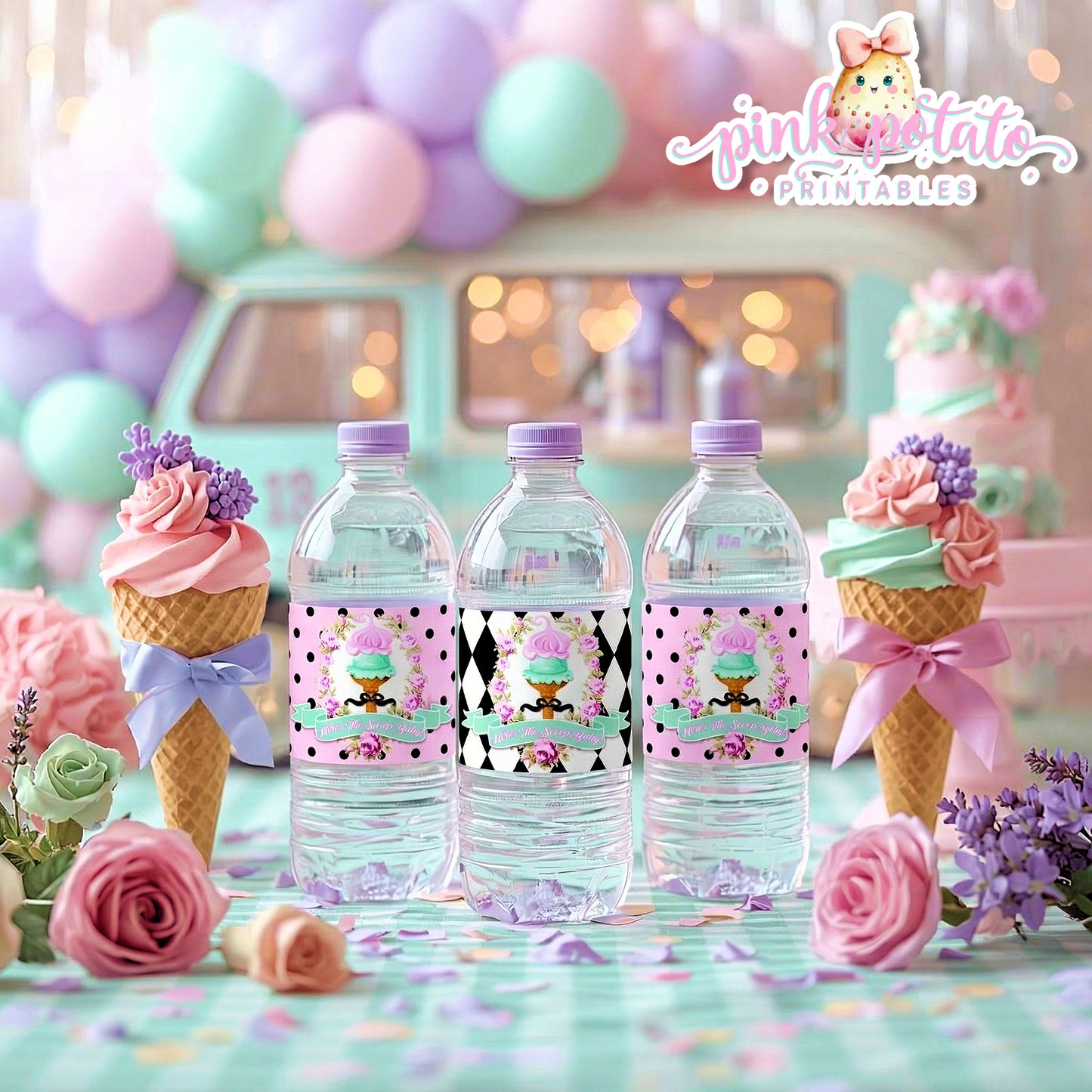 Here's The Scoop, Baby-Water Bottle Labels-Ice Cream Baby Shower-Water Bottle Wrappers-Waterbottle Stickers-Digital-INSTANT DOWNLOAD