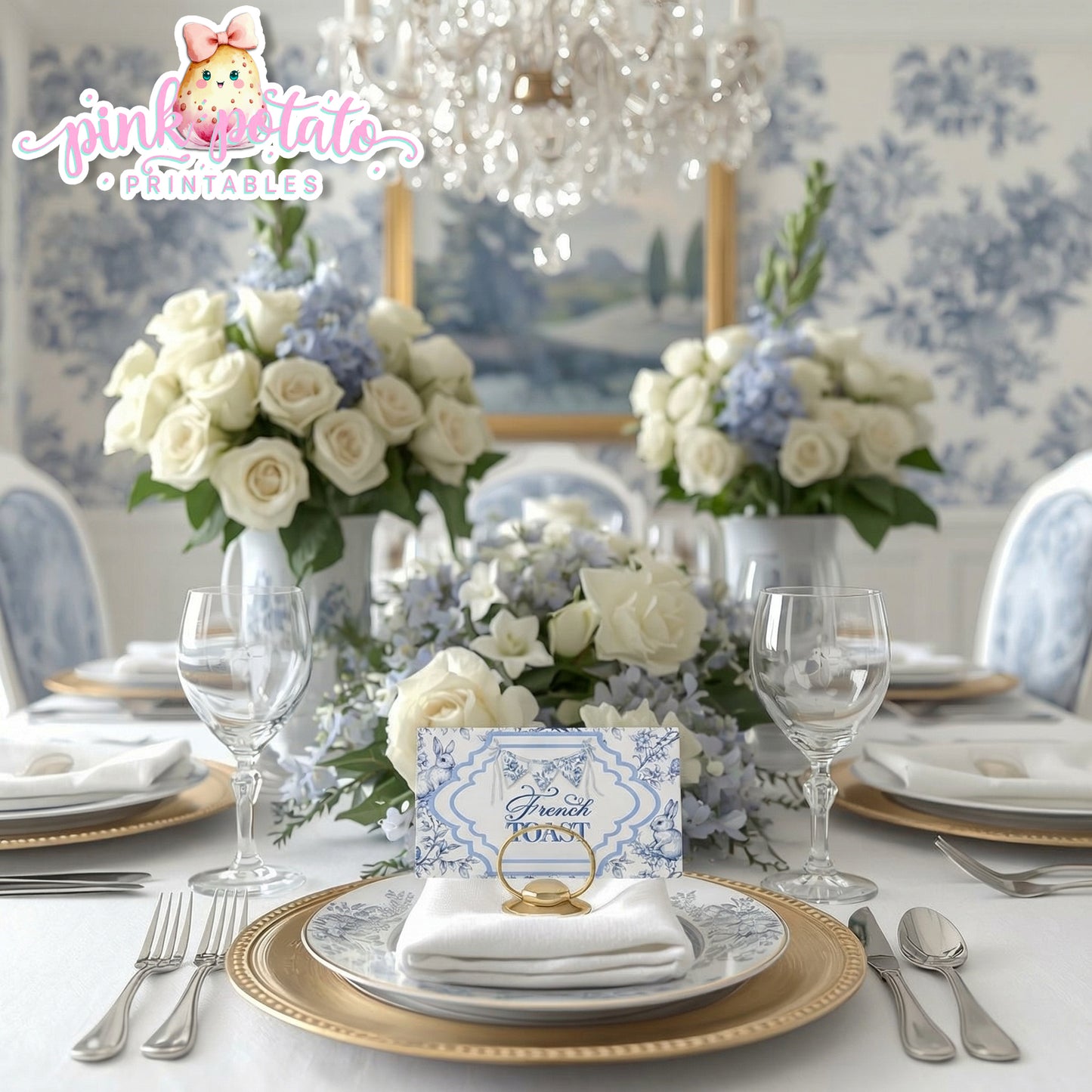 Toile Easter-Easter Buffet Cards-Tent Cards-Place Cards-Completely Editable in CORJL ONLY-Fancy Easter-Posh Easter-Easter Sunday-Happy Easter-Chinoiserie Easter-Chinoisery-Blue Toile-INSTANT DOWNLOAD