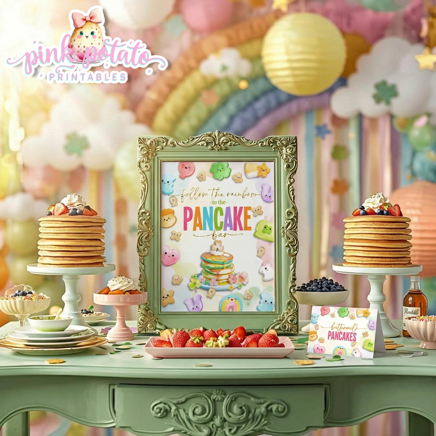 Charmed-Pancake Bar Buffet Sign & Tent Cards-Pancake Buffet Sign-Buffet Cards-Editable in Corjl-St. Paddy's Day-St. Patrick's Day Theme-Party Printable-Lucky Charms-Marshmallow Cereal-Magical Cereal-Digital-INSTANT DOWNLOAD