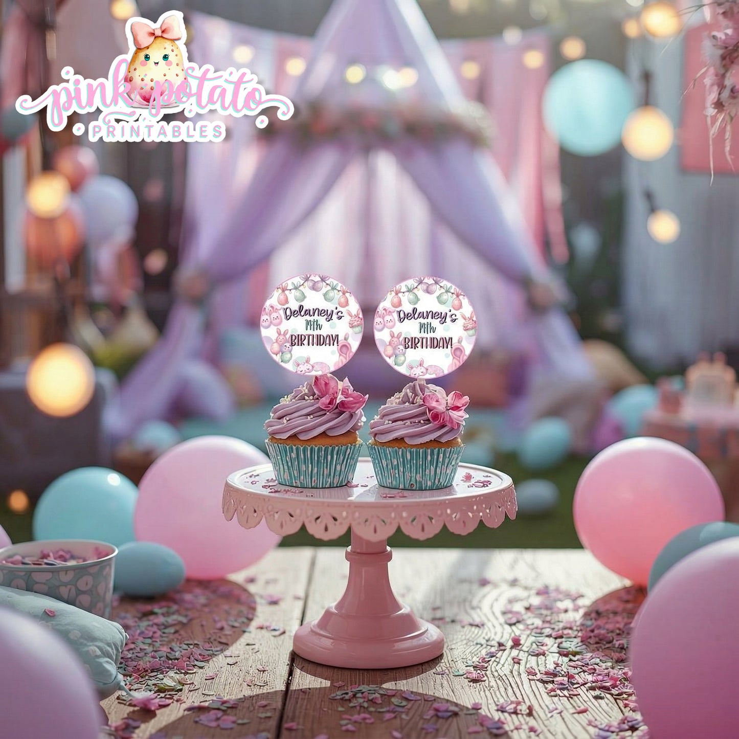 Easter Sleepover-Cupcake Toppers-Edit in Corjl ONLY-Easter Slumber Party-Logos-Round Favor Tags-Easter Birthday-Easter Party-Happy Birthday-Birthday Sleepover-Birthday Slumber Party-INSTANT DOWNLOAD