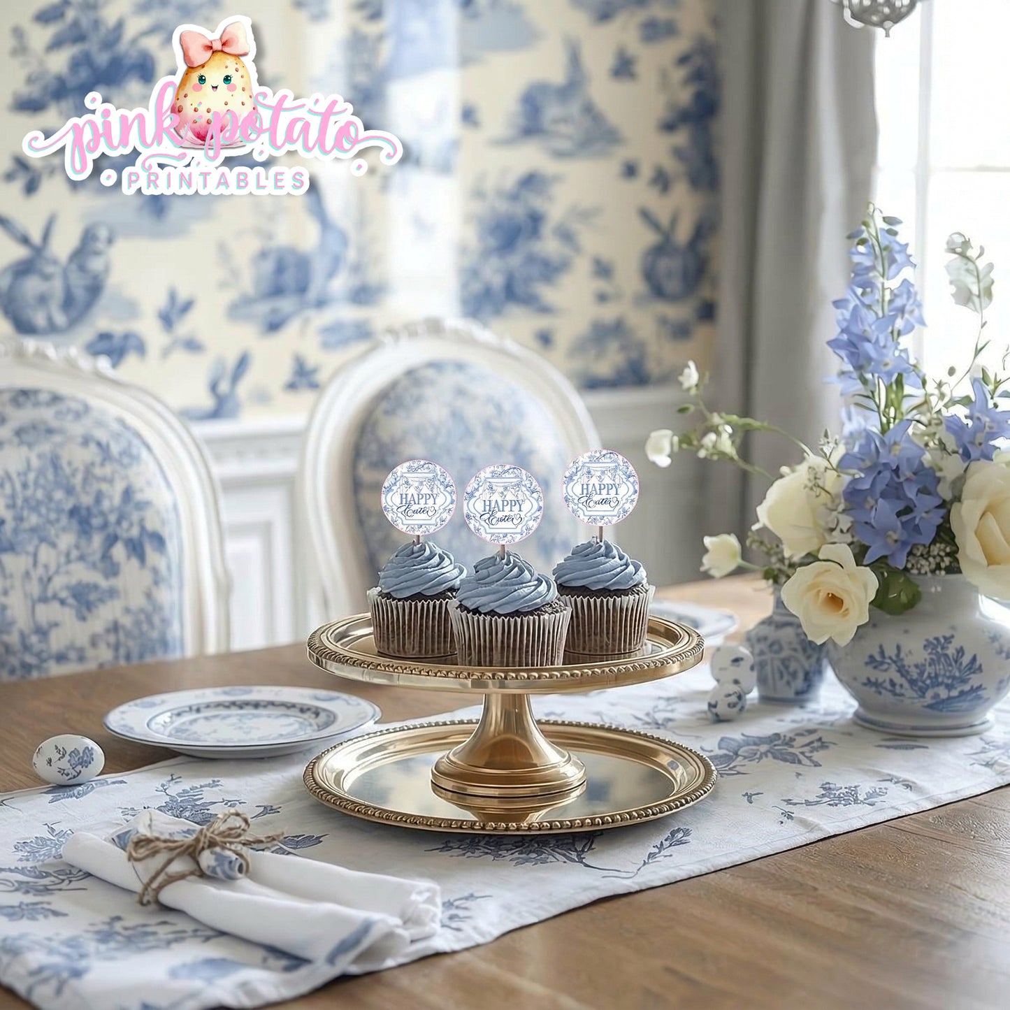 Toile Easter-Cupcake Topper-Round Logos-Use as stickers too-Fancy Easter-Posh Easter-Easter Sunday-Happy Easter-Chinoiserie Easter-Chinoisery-Blue Toile-INSTANT DOWNLOAD