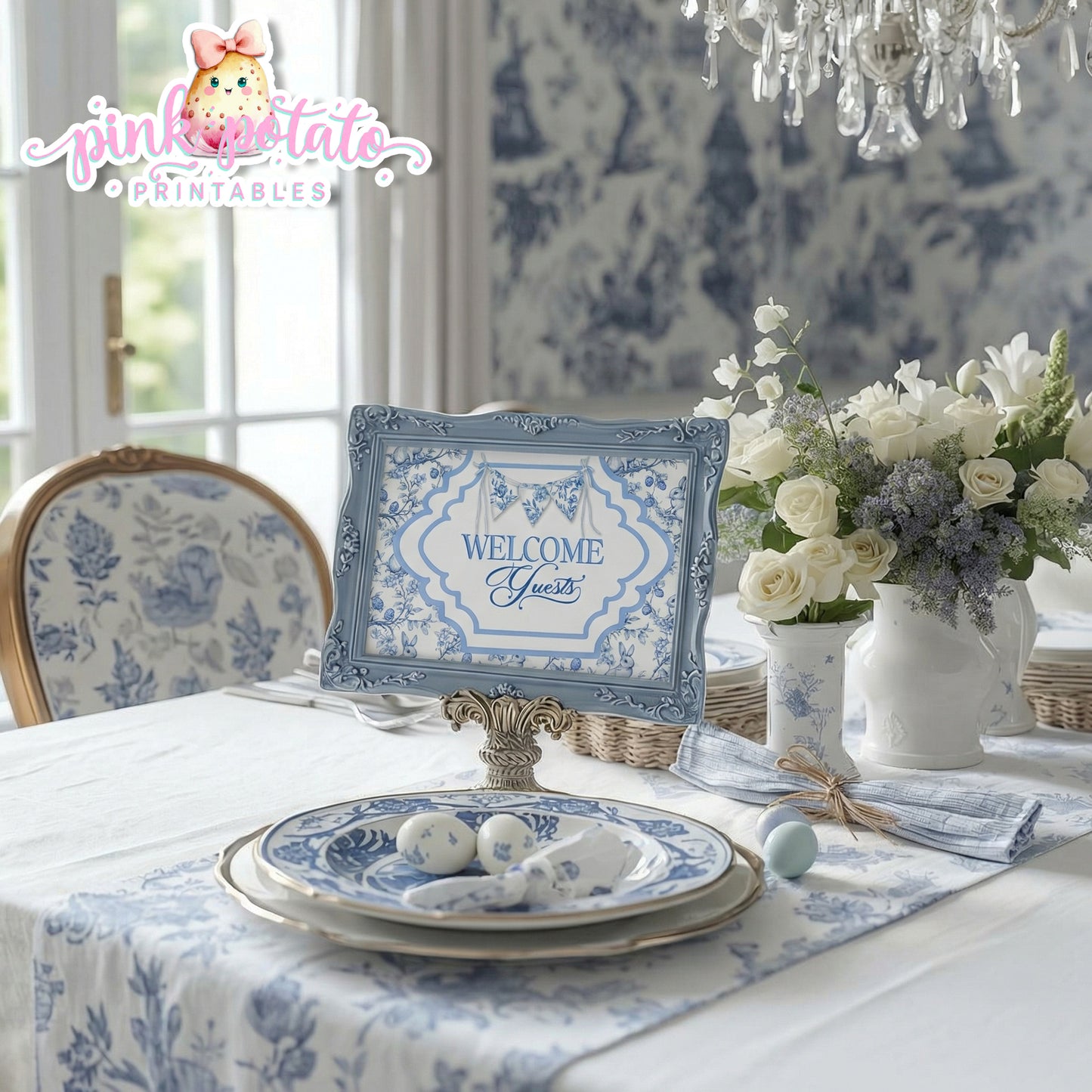 Toile Easter-Welcome Guest Sign-Eater Sign-Welcome Sign-Fancy Easter-Posh Easter-Easter Sunday-Happy Easter-Chinoiserie Easter-Chinoisery-Blue Toile-INSTANT DOWNLOAD