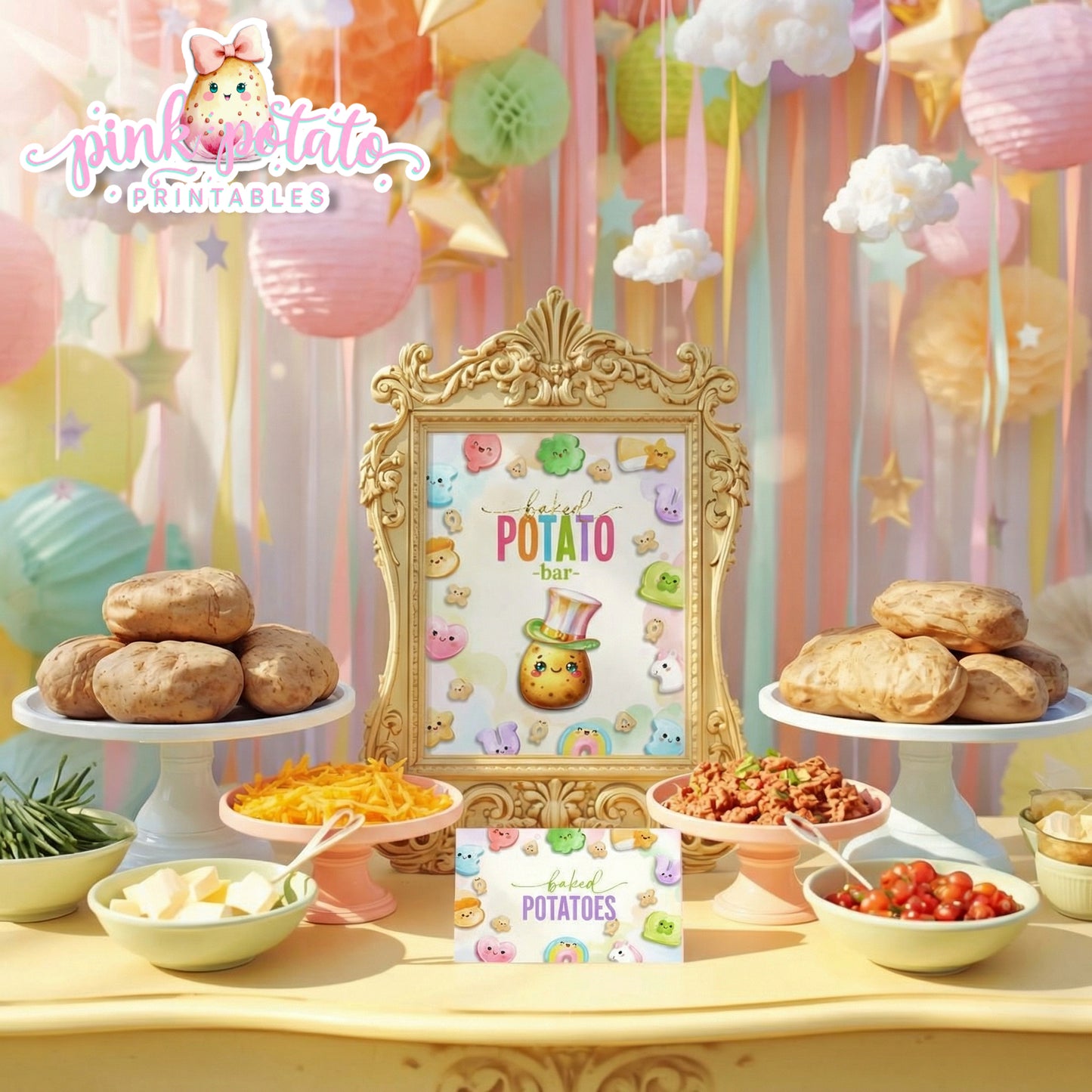 Charmed-Baked Potato Bar Buffet Sign & Tent Cards-Baked Potato Buffet Sign-Buffet Cards-Editable in Corjl-St. Paddy's Day-St. Patrick's Day Theme-Party Printable-Lucky Charms-Marshmallow Cereal-Magical Cereal-Digital-INSTANT DOWNLOAD