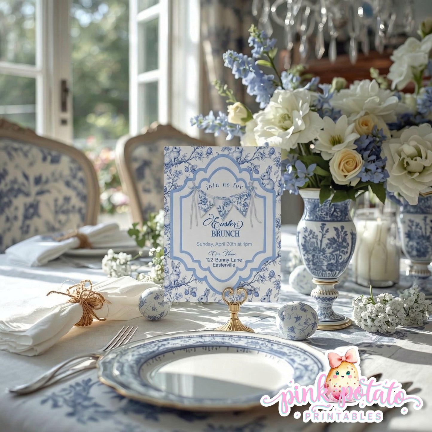 Toile Easter-Easter Invitation-Completely Editable in CORJL ONLY-Fancy Easter-Posh Easter-Easter Sunday-Happy Easter-Chinoiserie Easter-Chinoisery-Blue Toile-INSTANT DOWNLOAD