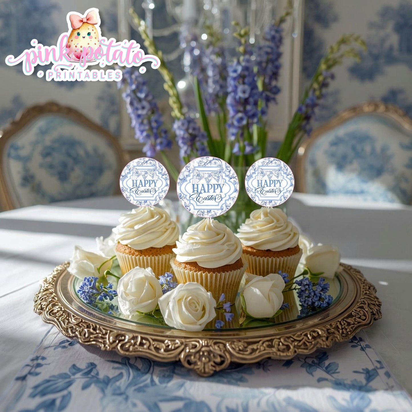 Toile Easter-Cupcake Topper-Round Logos-Use as stickers too-Fancy Easter-Posh Easter-Easter Sunday-Happy Easter-Chinoiserie Easter-Chinoisery-Blue Toile-INSTANT DOWNLOAD