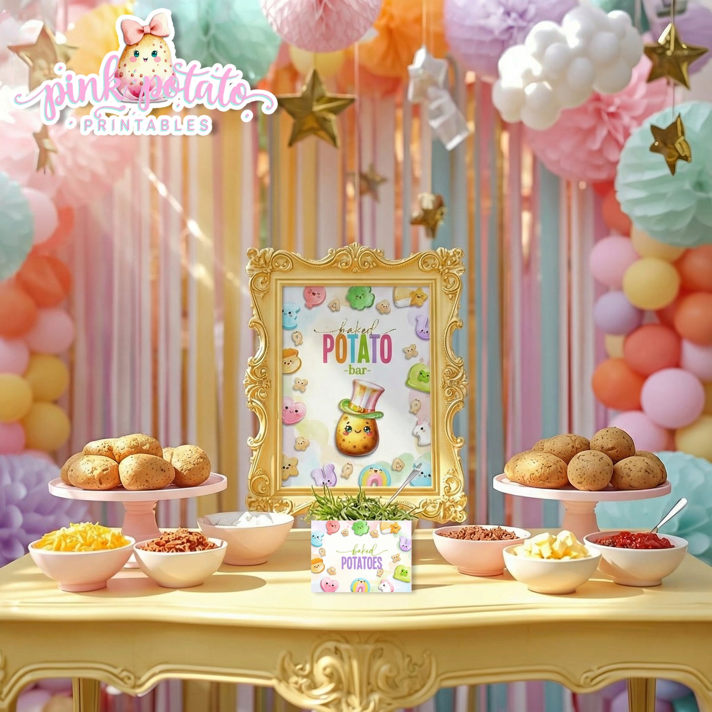 Charmed-Baked Potato Bar Buffet Sign & Tent Cards-Baked Potato Buffet Sign-Buffet Cards-Editable in Corjl-St. Paddy's Day-St. Patrick's Day Theme-Party Printable-Lucky Charms-Marshmallow Cereal-Magical Cereal-Digital-INSTANT DOWNLOAD