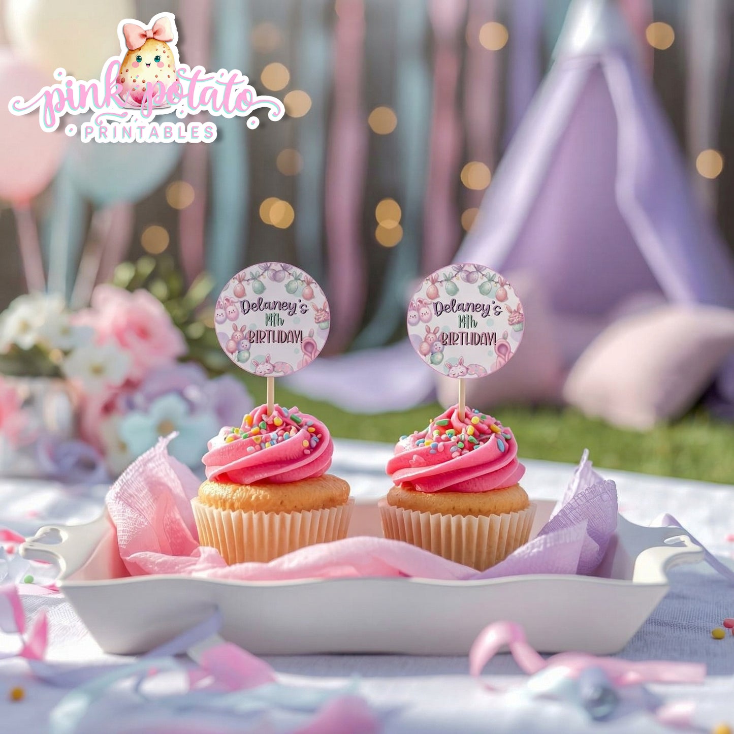 Easter Sleepover-Cupcake Toppers-Edit in Corjl ONLY-Easter Slumber Party-Logos-Round Favor Tags-Easter Birthday-Easter Party-Happy Birthday-Birthday Sleepover-Birthday Slumber Party-INSTANT DOWNLOAD