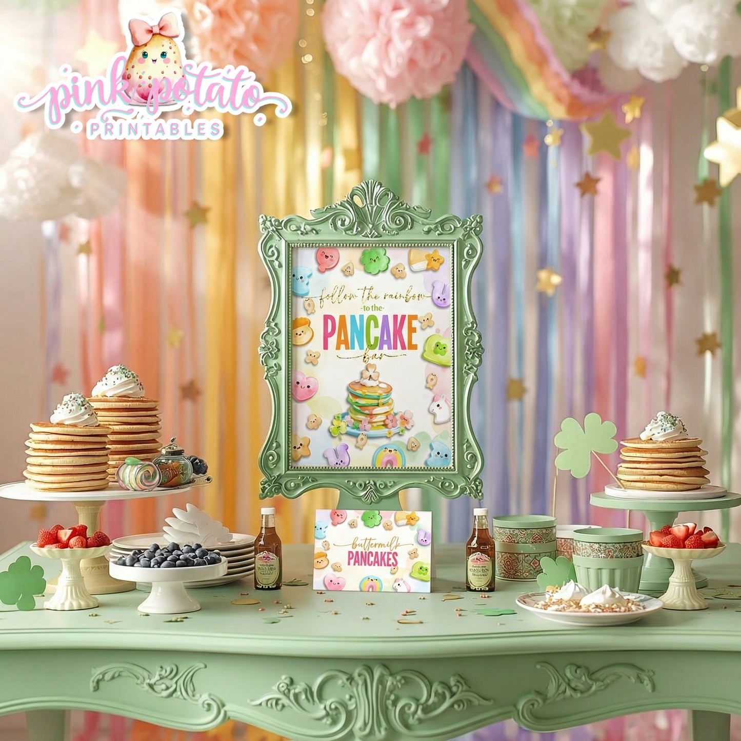 Charmed-Pancake Bar Buffet Sign & Tent Cards-Pancake Buffet Sign-Buffet Cards-Editable in Corjl-St. Paddy's Day-St. Patrick's Day Theme-Party Printable-Lucky Charms-Marshmallow Cereal-Magical Cereal-Digital-INSTANT DOWNLOAD