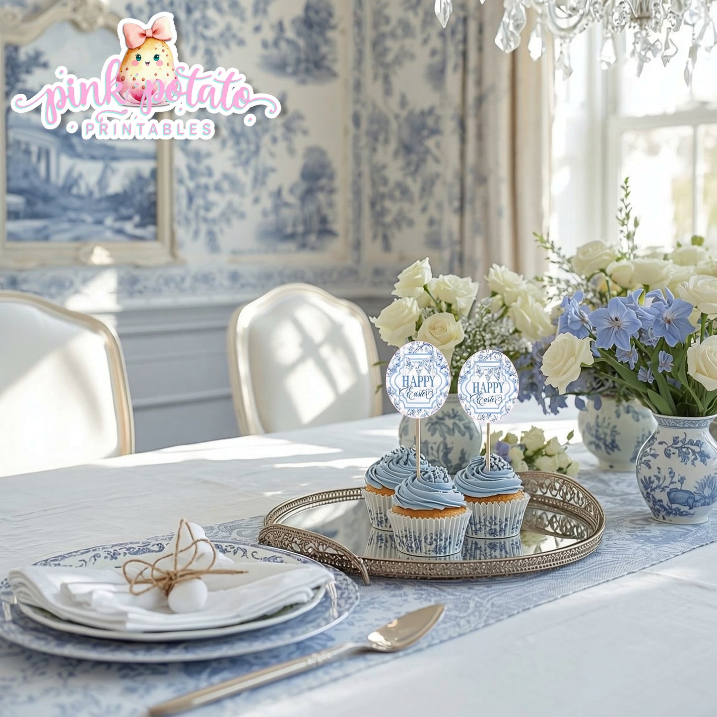 Toile Easter-Cupcake Topper-Round Logos-Use as stickers too-Fancy Easter-Posh Easter-Easter Sunday-Happy Easter-Chinoiserie Easter-Chinoisery-Blue Toile-INSTANT DOWNLOAD
