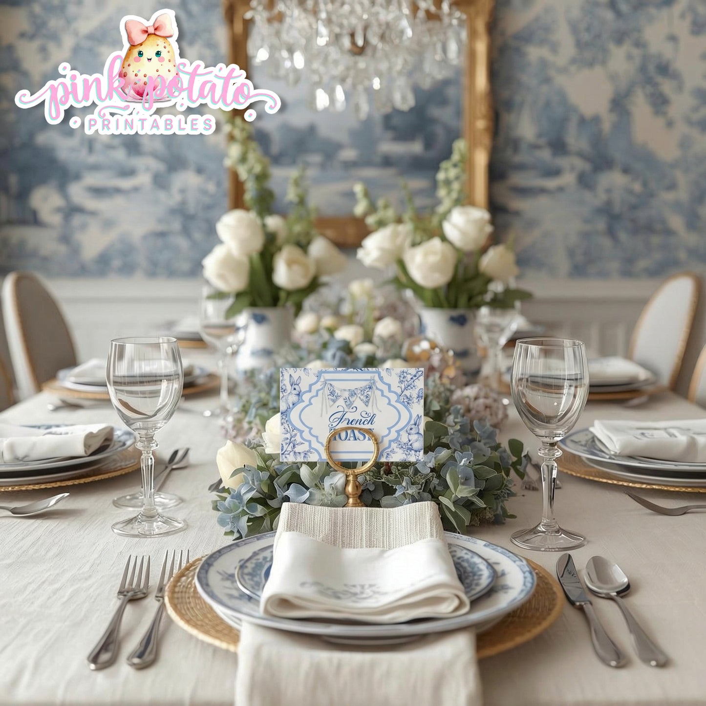 Toile Easter-Easter Buffet Cards-Tent Cards-Place Cards-Completely Editable in CORJL ONLY-Fancy Easter-Posh Easter-Easter Sunday-Happy Easter-Chinoiserie Easter-Chinoisery-Blue Toile-INSTANT DOWNLOAD